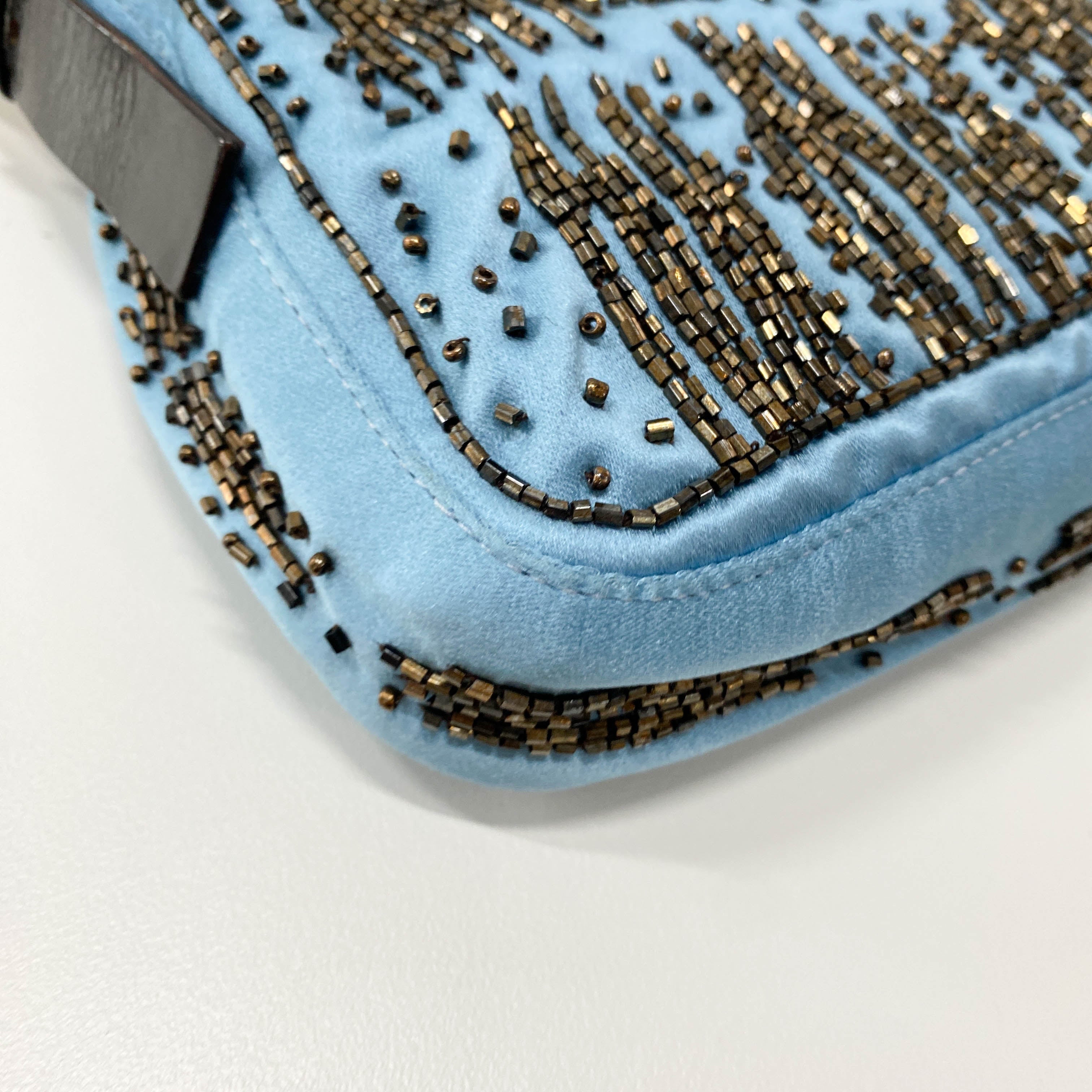 Baguette Blue Satin Beaded Shoulder Bag