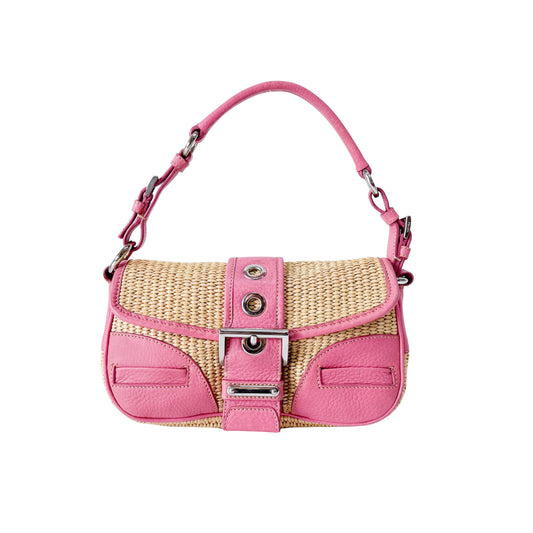 Pink Leather and Raffia Shoulder Bag
