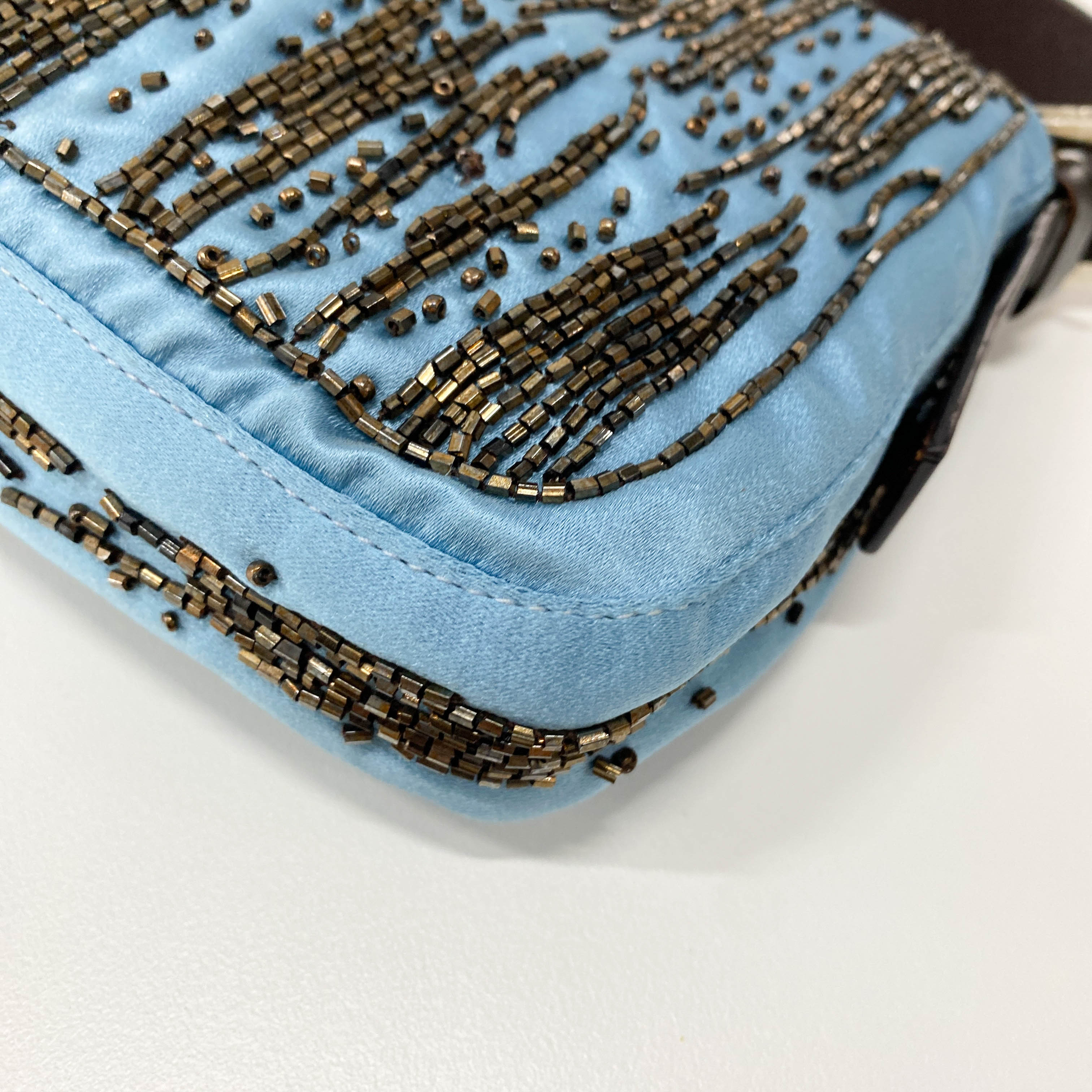 Baguette Blue Satin Beaded Shoulder Bag