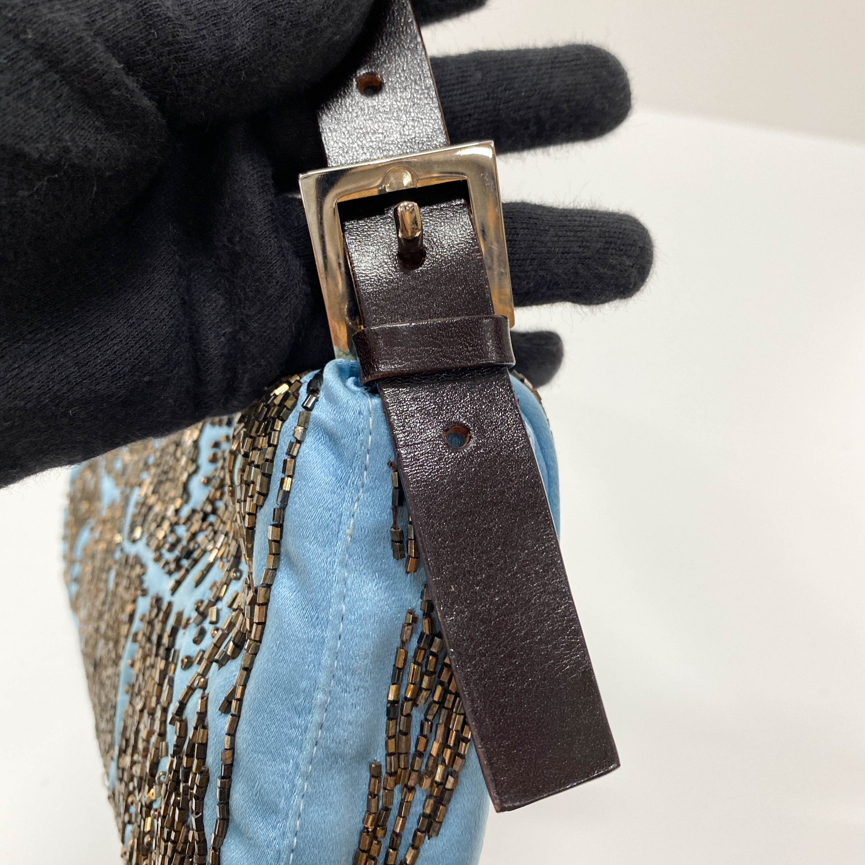 Baguette Blue Satin Beaded Shoulder Bag