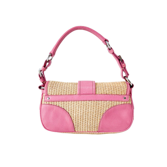 Pink Leather and Raffia Shoulder Bag