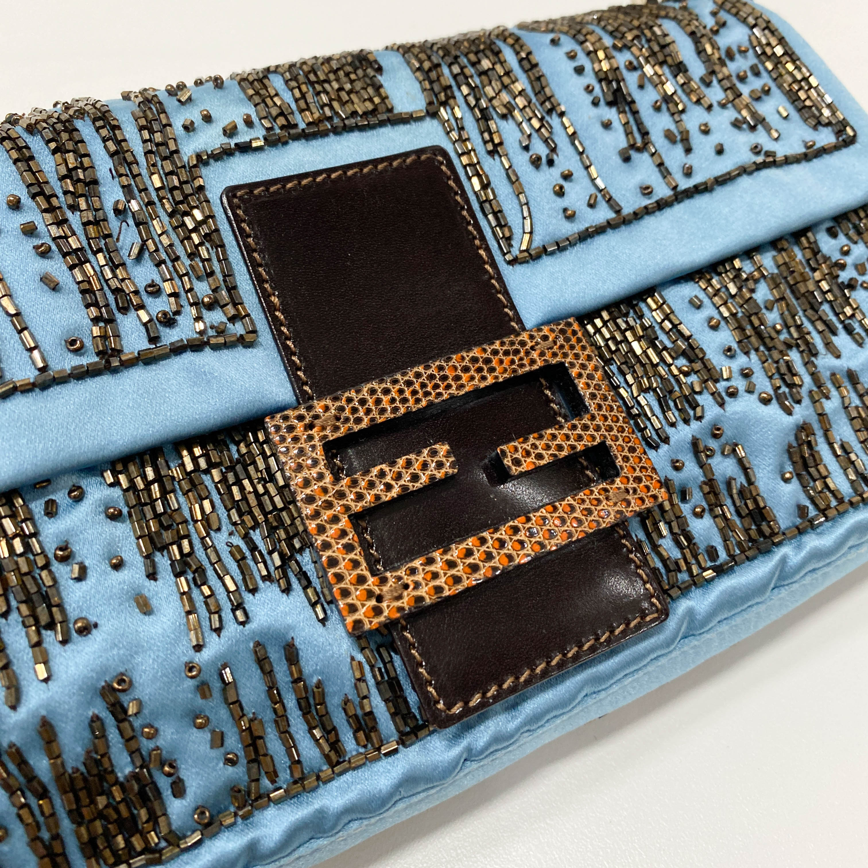 Baguette Blue Satin Beaded Shoulder Bag