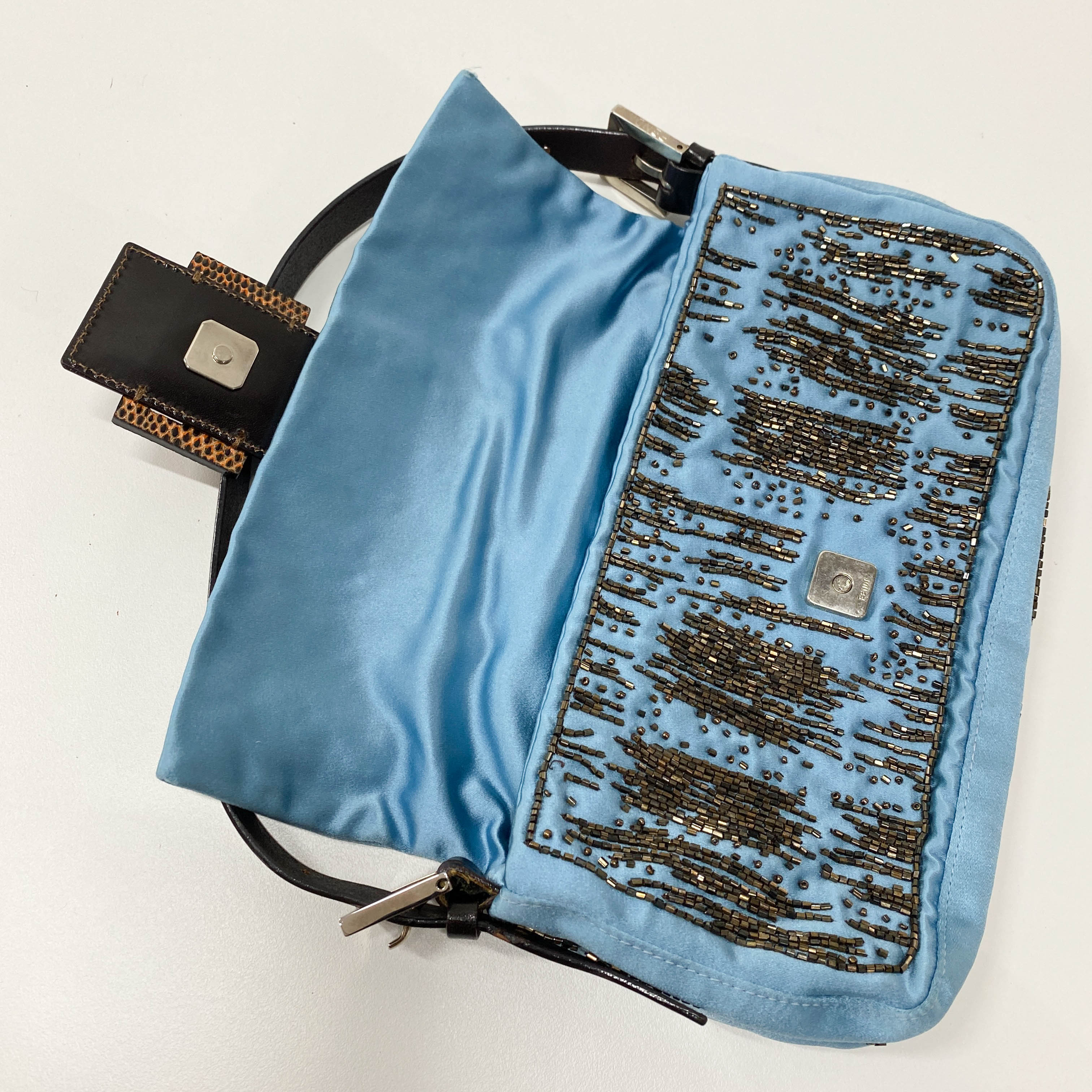 Baguette Blue Satin Beaded Shoulder Bag