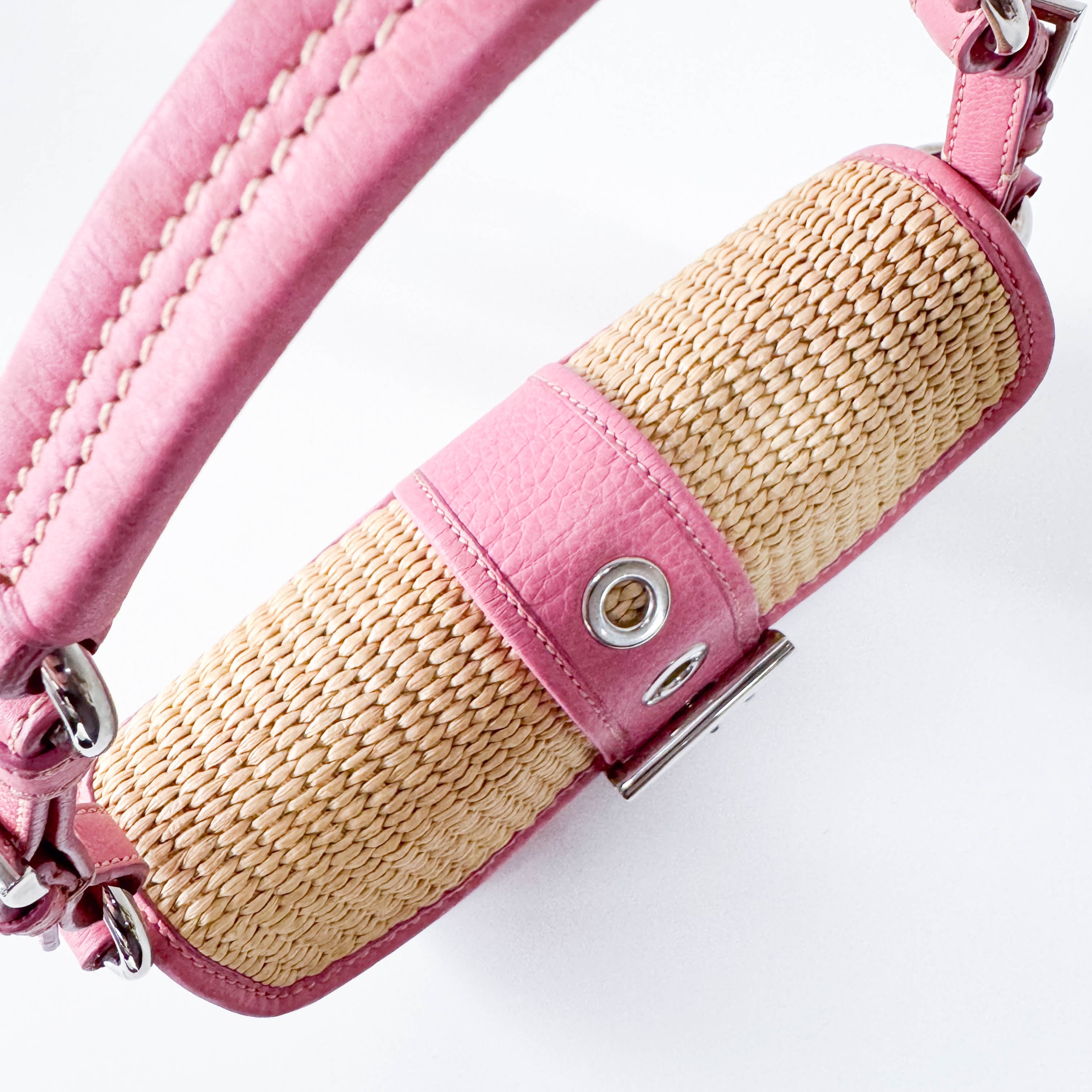 Pink Leather and Raffia Shoulder Bag