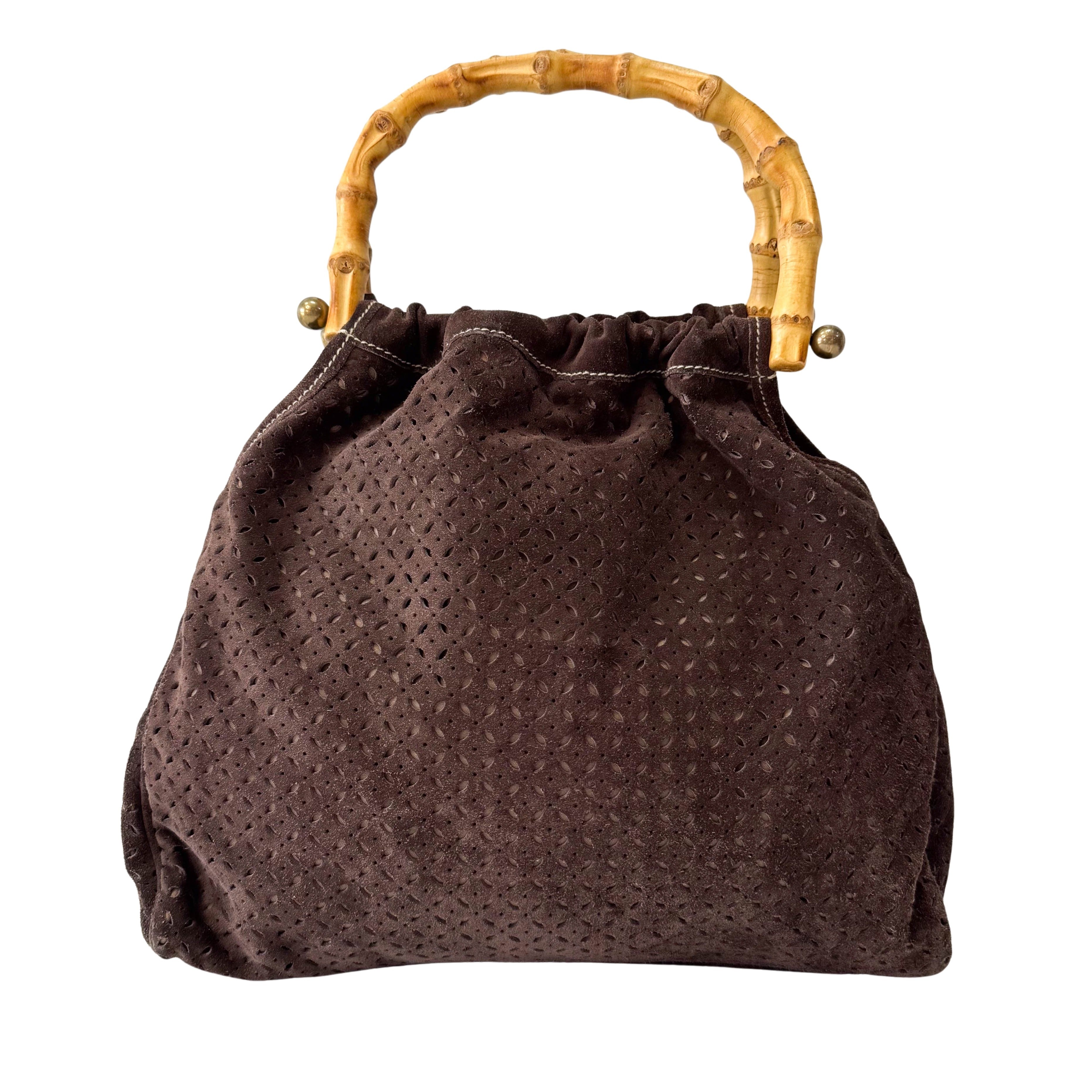 Laser Cut Suede Bamboo Handle Bag
