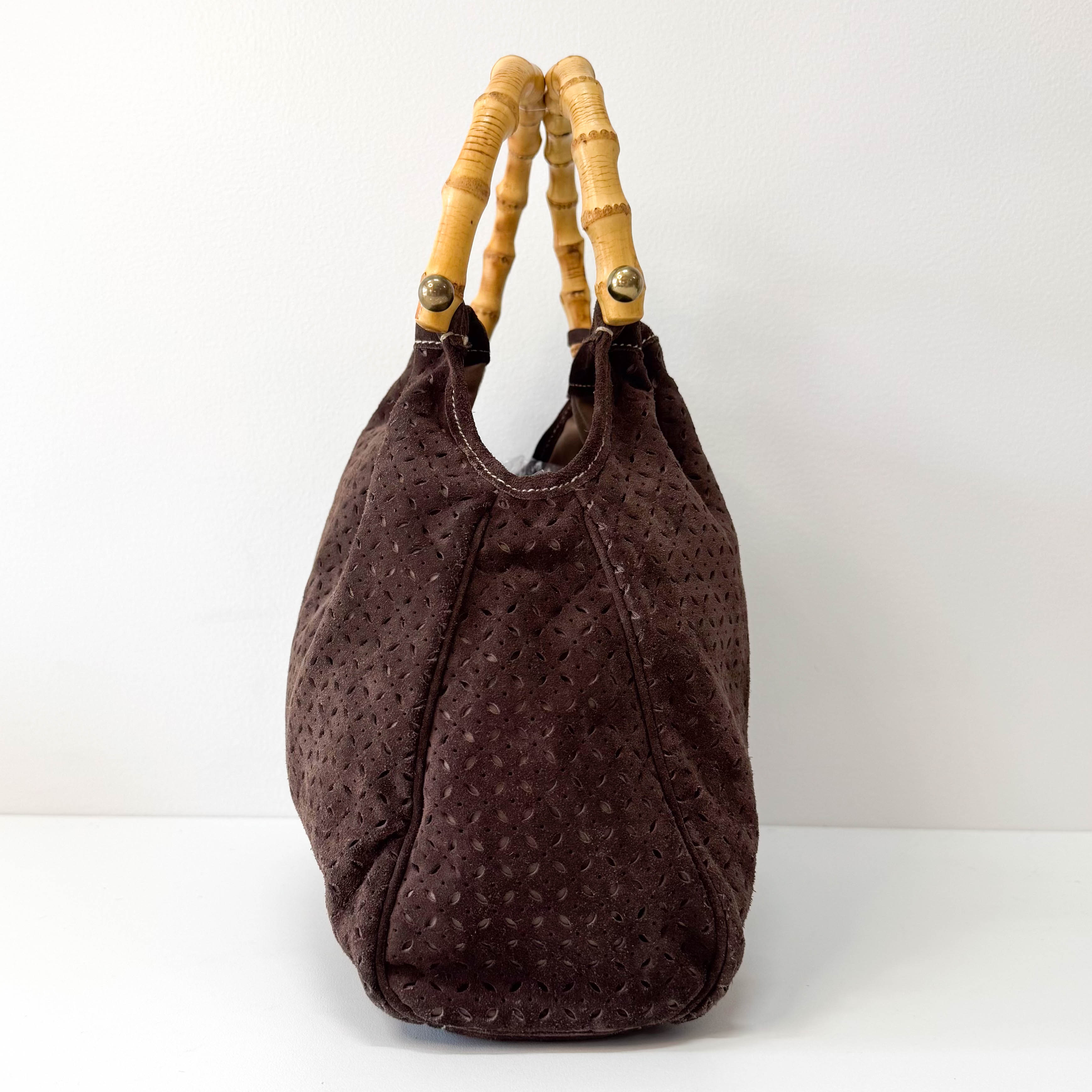 Laser Cut Suede Bamboo Handle Bag