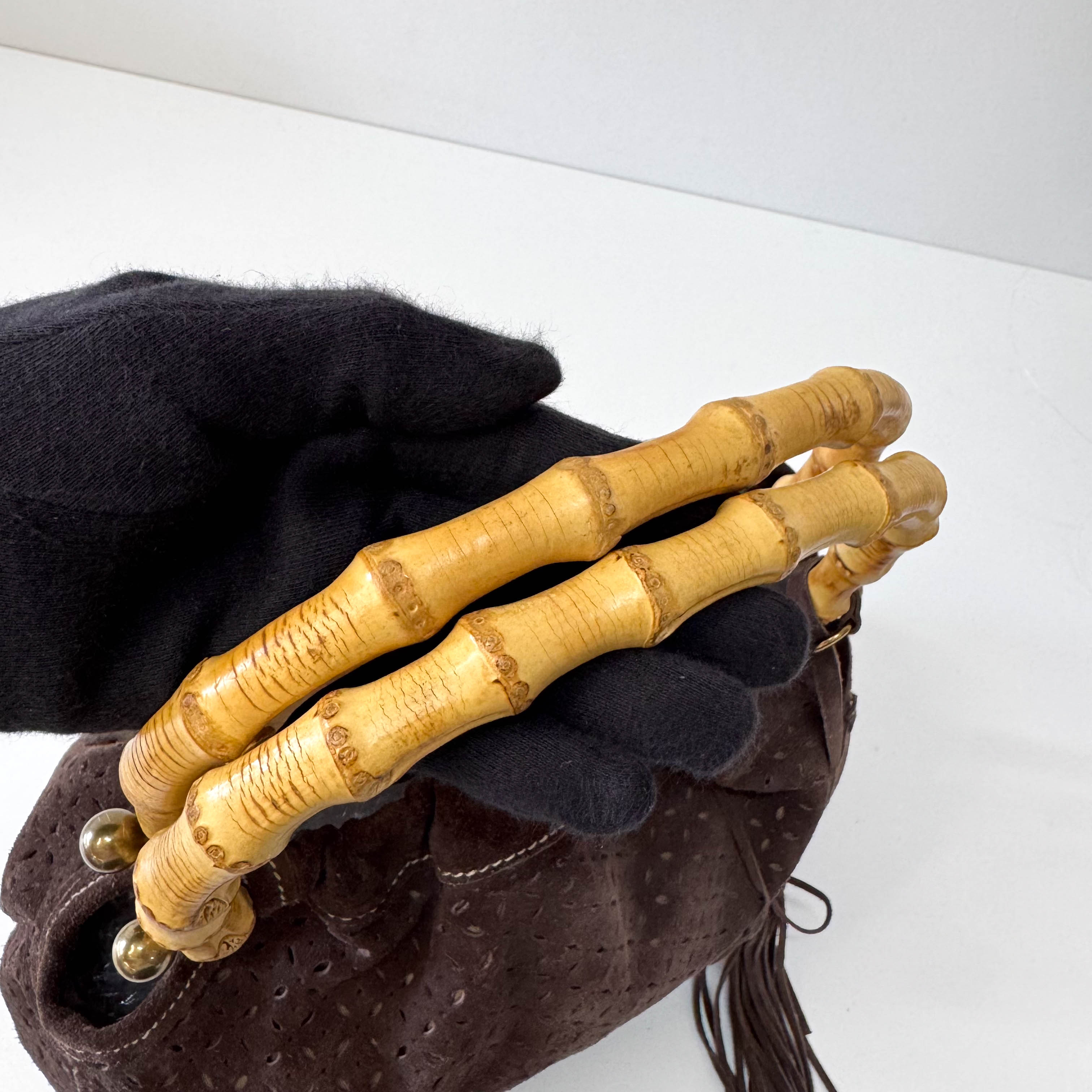 Laser Cut Suede Bamboo Handle Bag