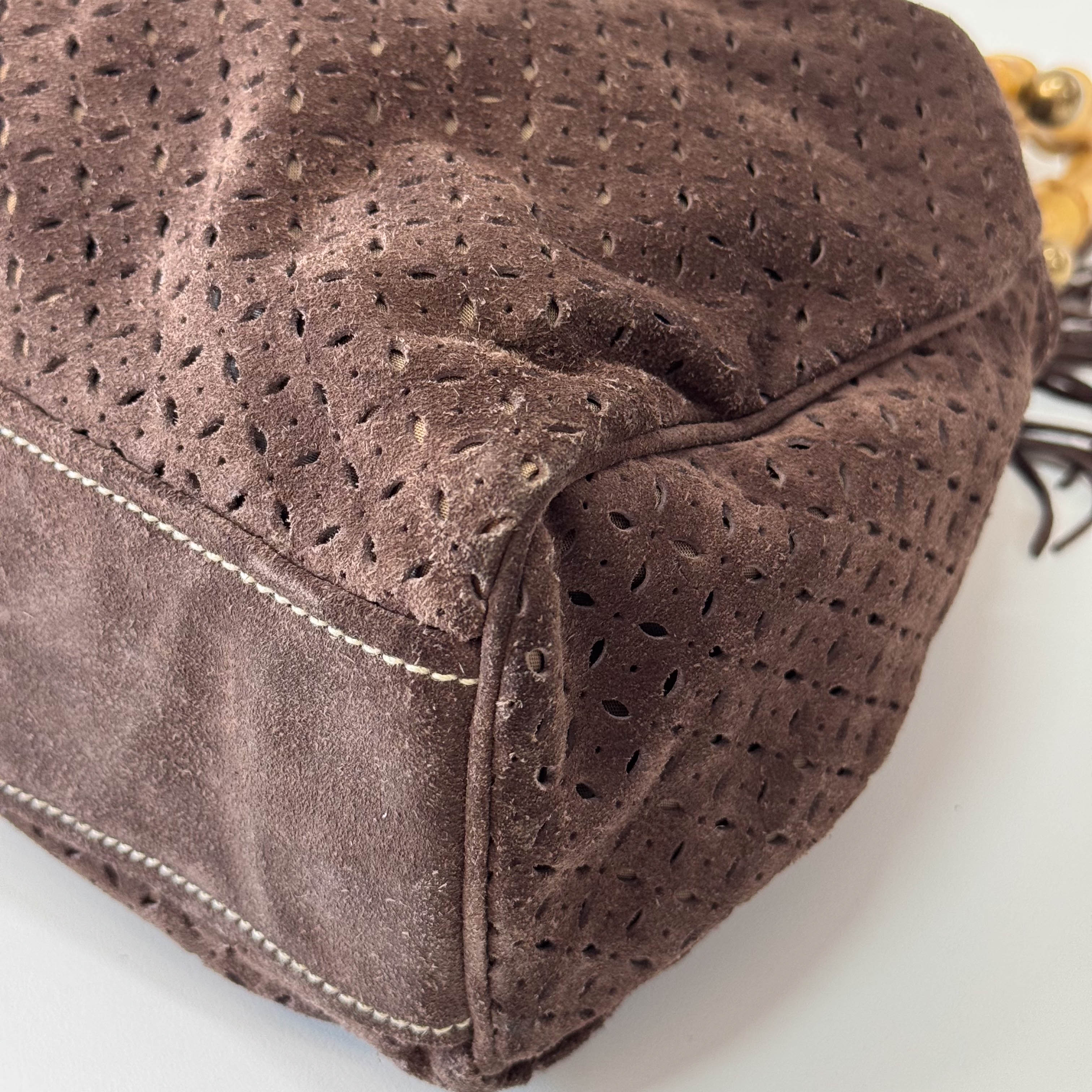 Laser Cut Suede Bamboo Handle Bag
