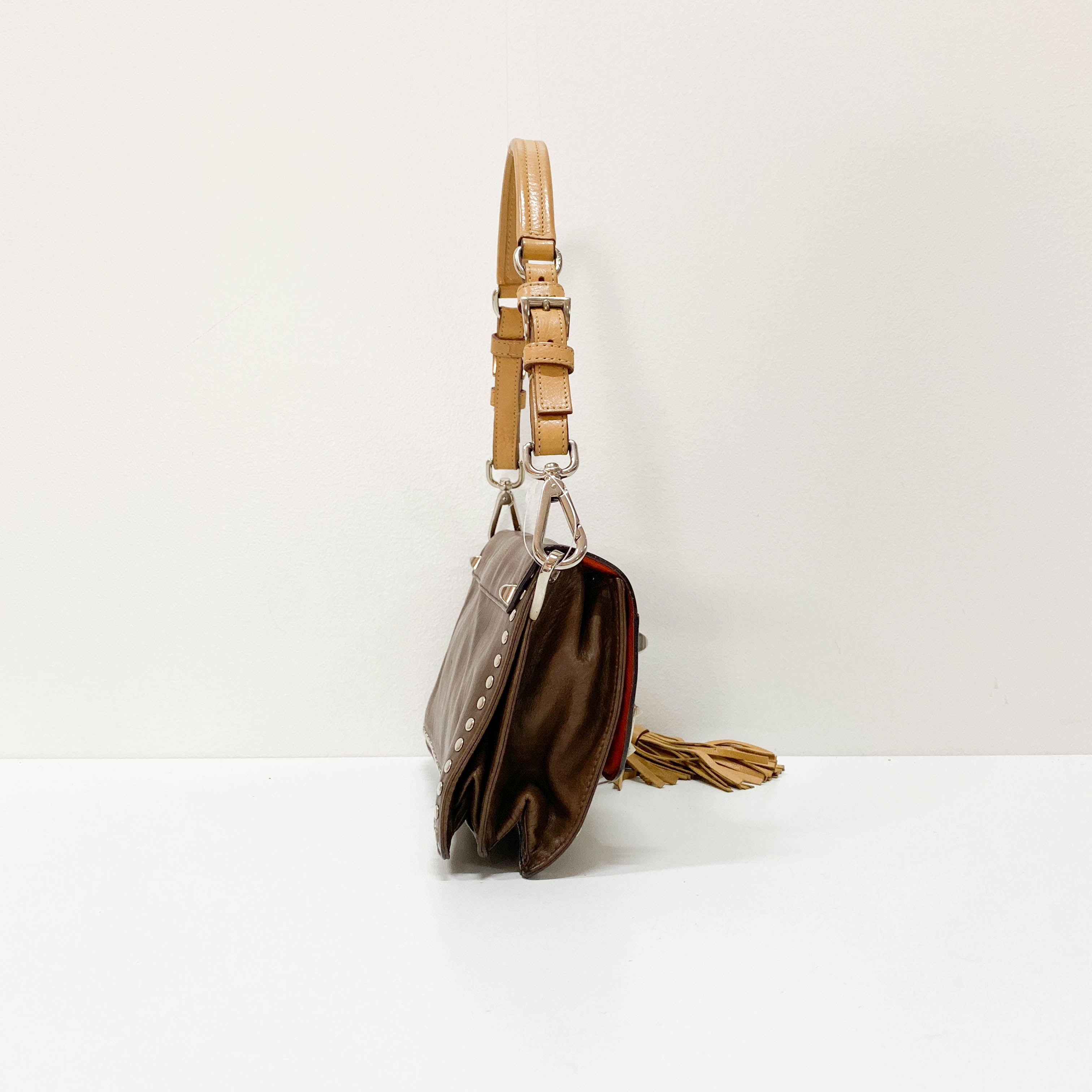 Brown Leather Studs Mini Shoulder Bag