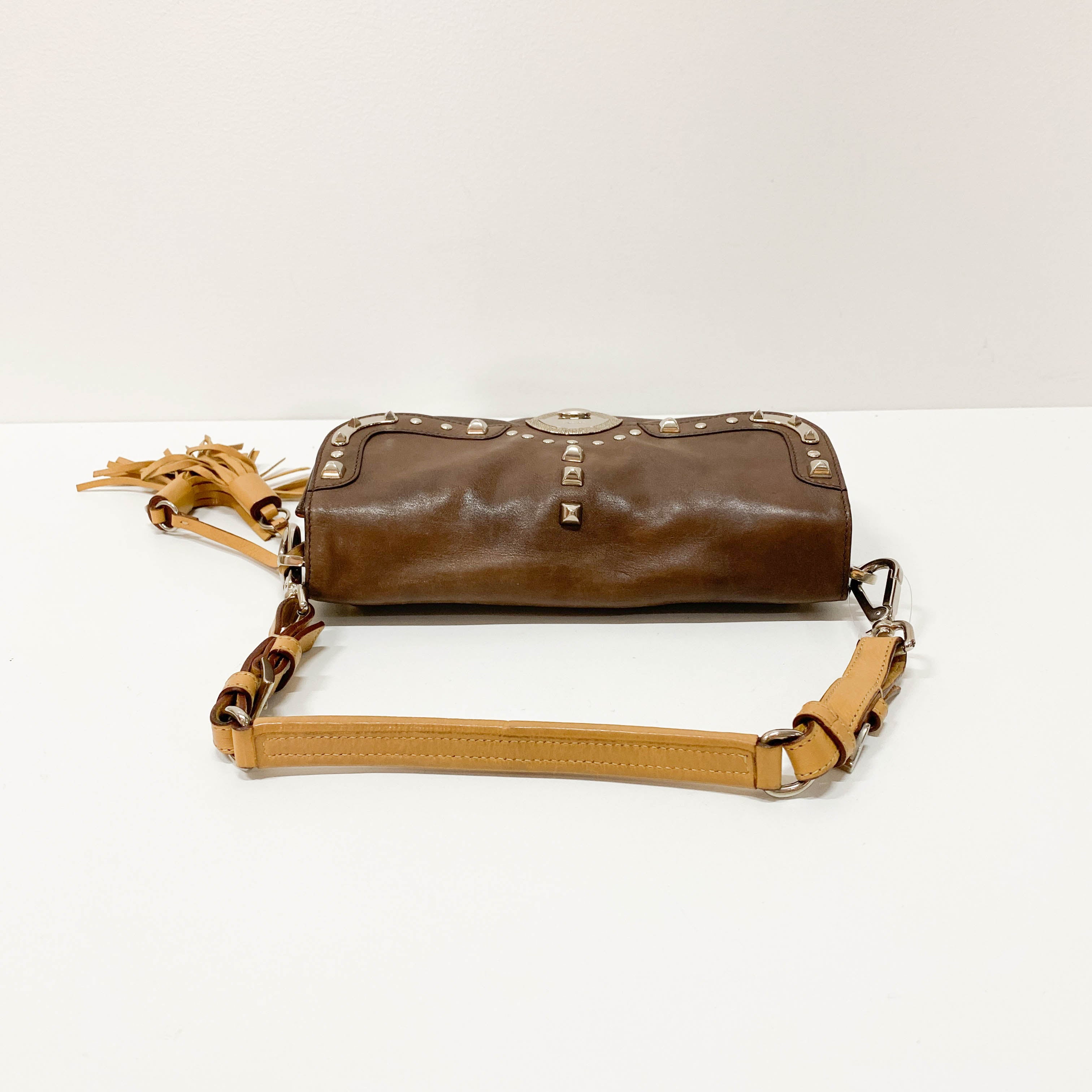 Brown Leather Studs Mini Shoulder Bag
