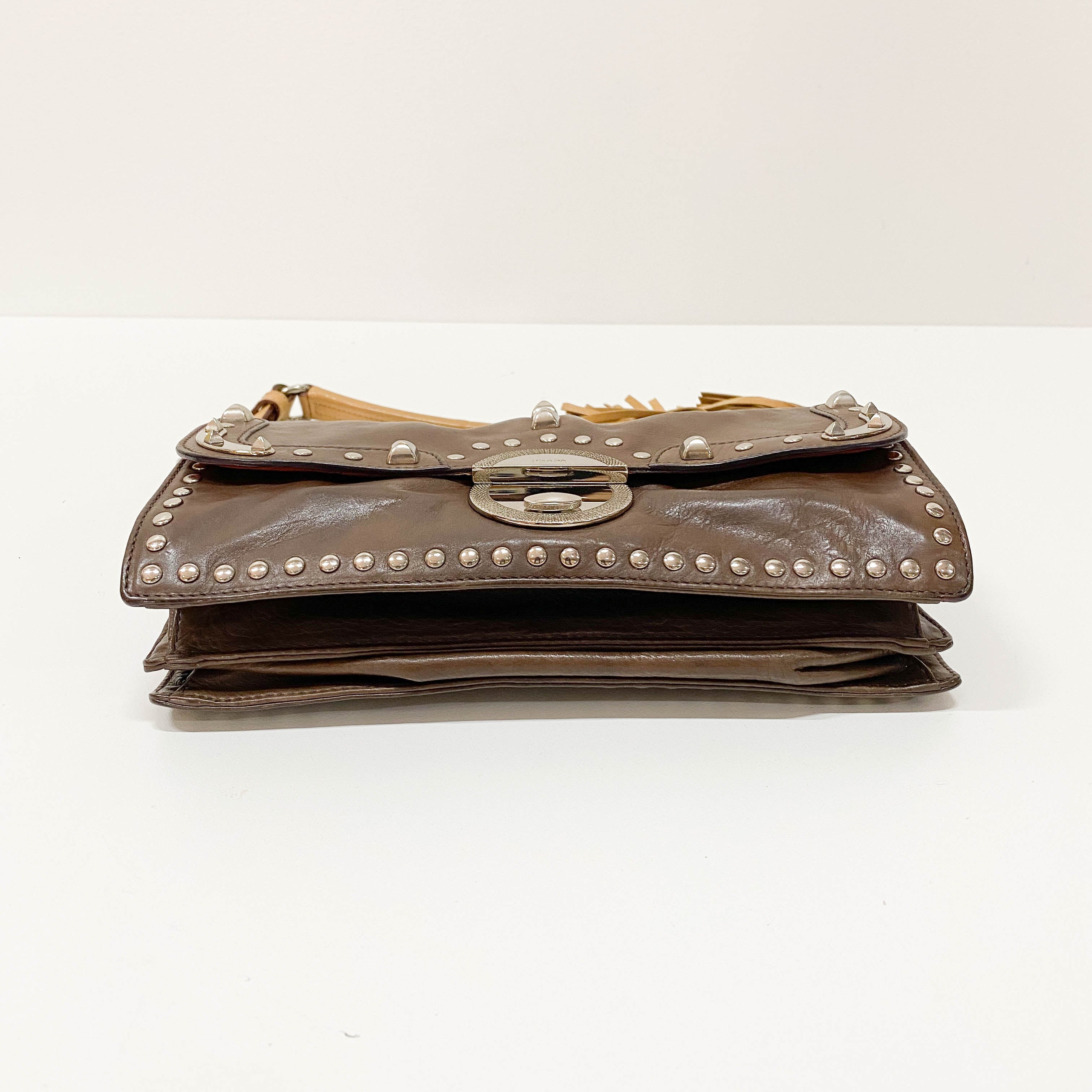 Brown Leather Studs Mini Shoulder Bag