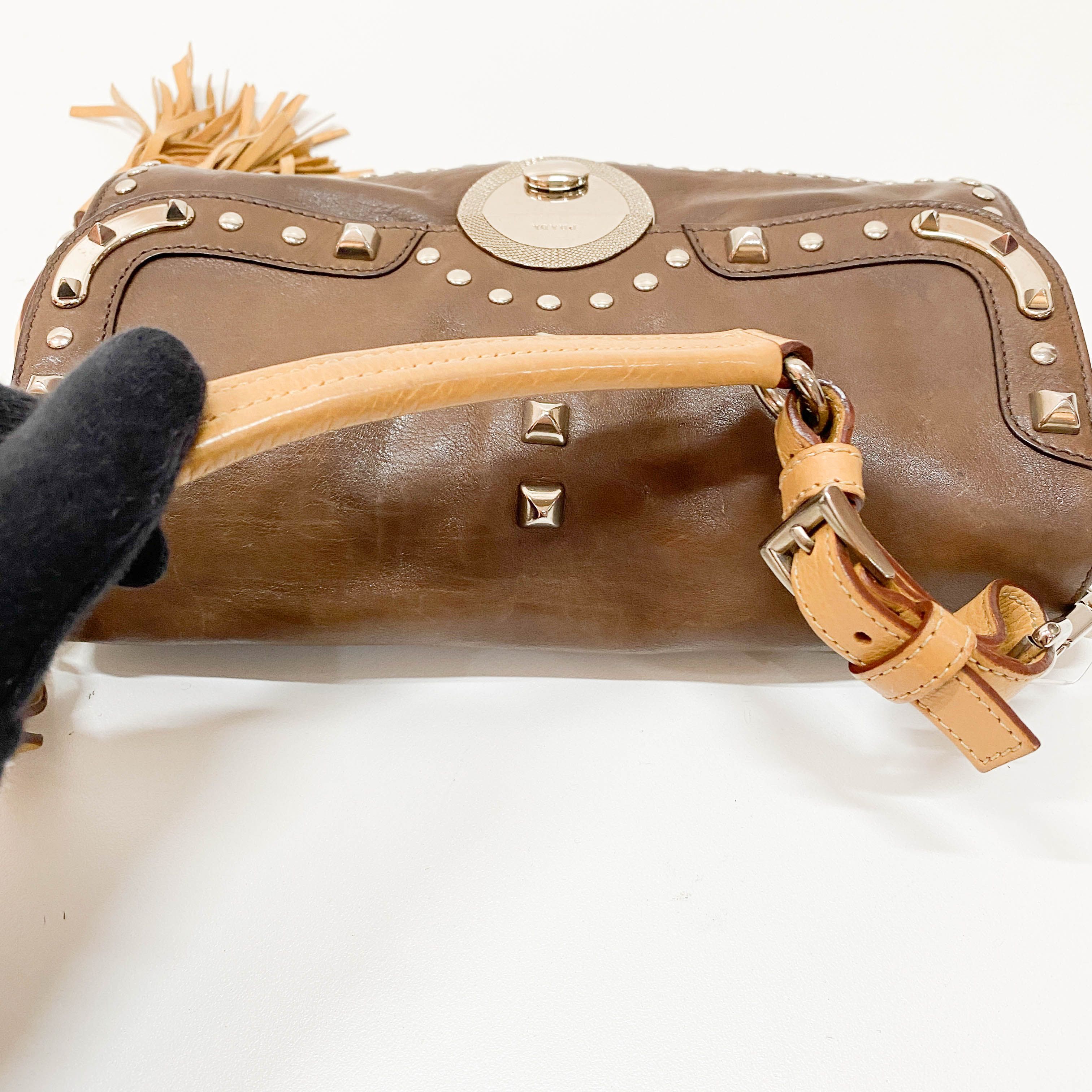 Brown Leather Studs Mini Shoulder Bag