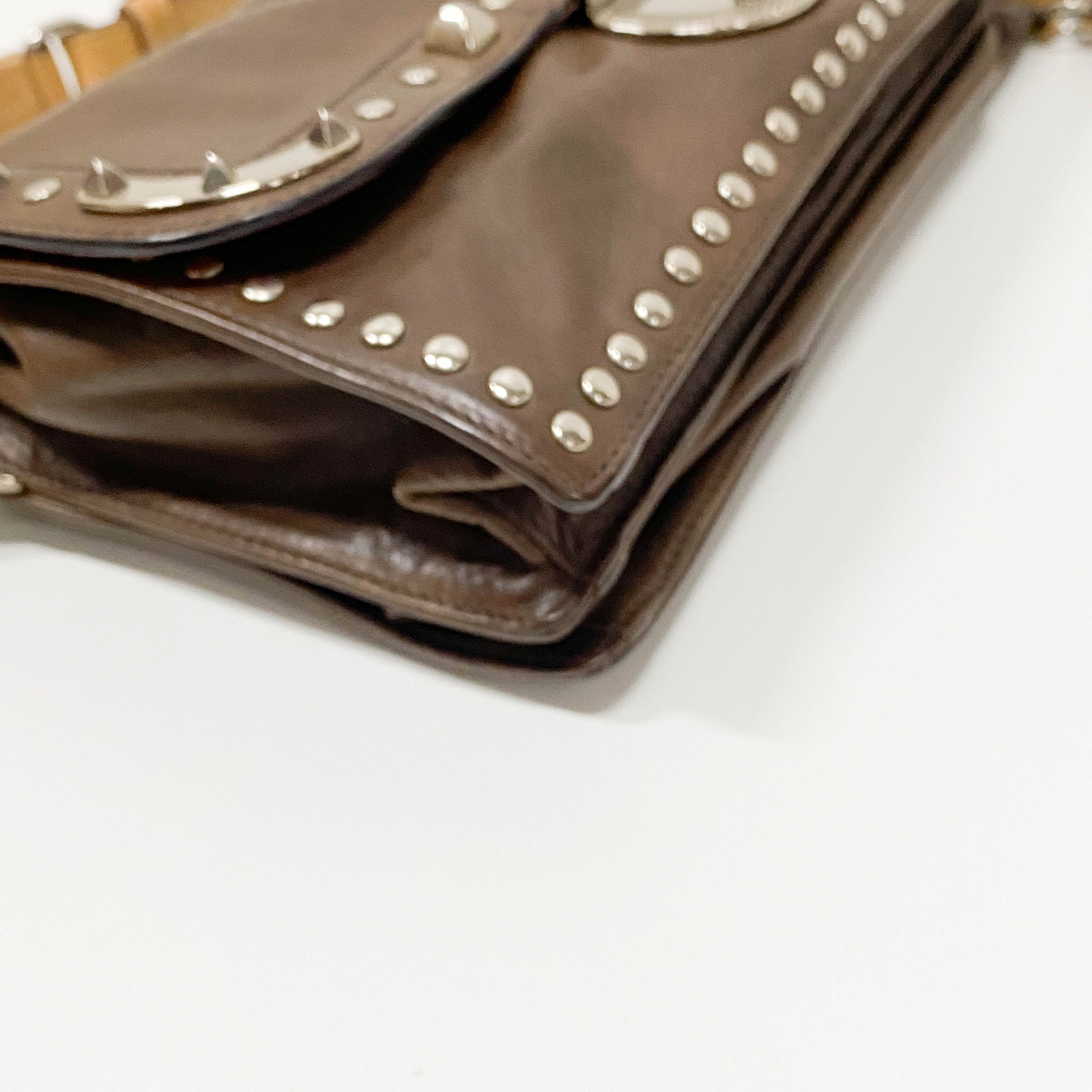 Brown Leather Studs Mini Shoulder Bag