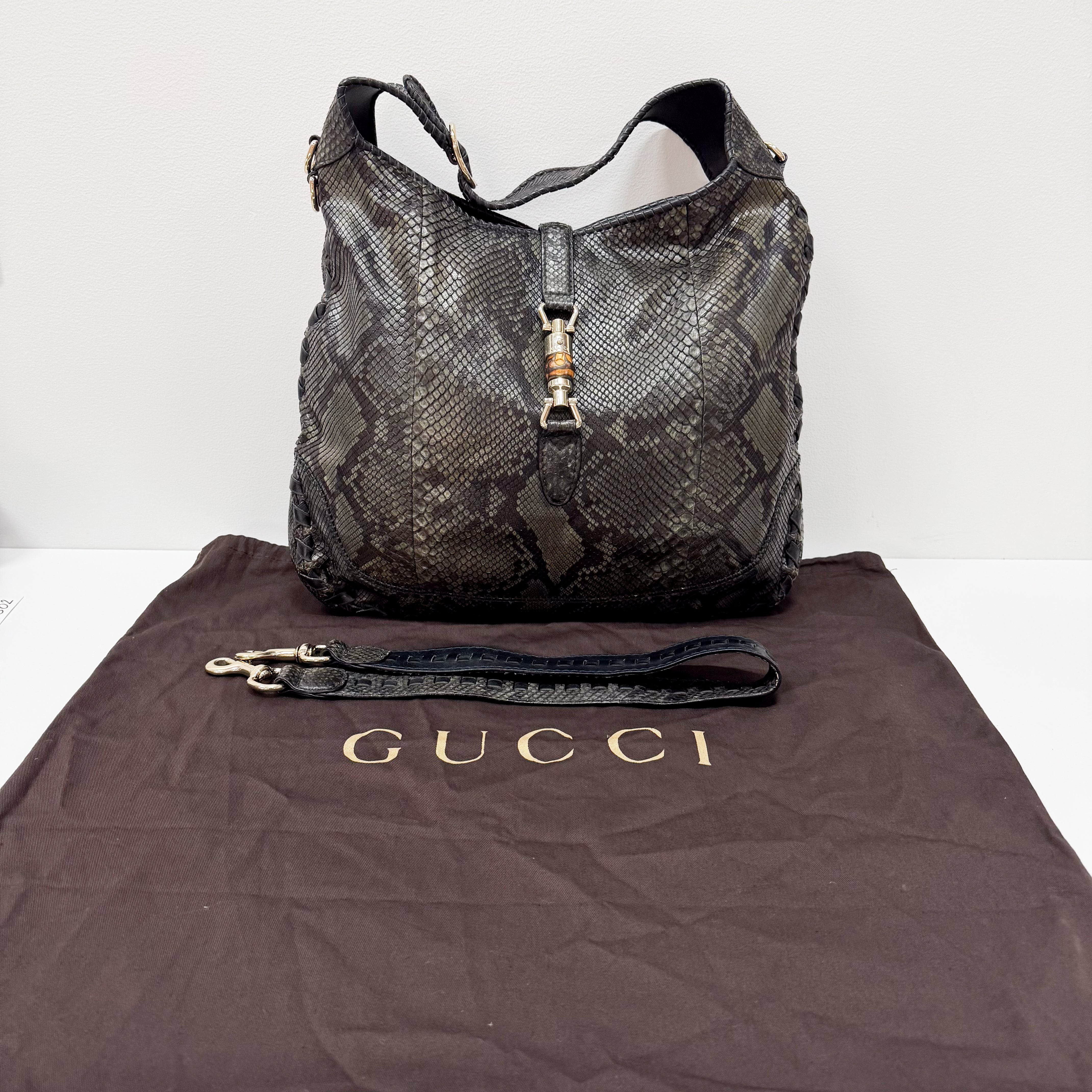 New Jackie Dark Green Python Embossed Leather  Two Way Tote Bag