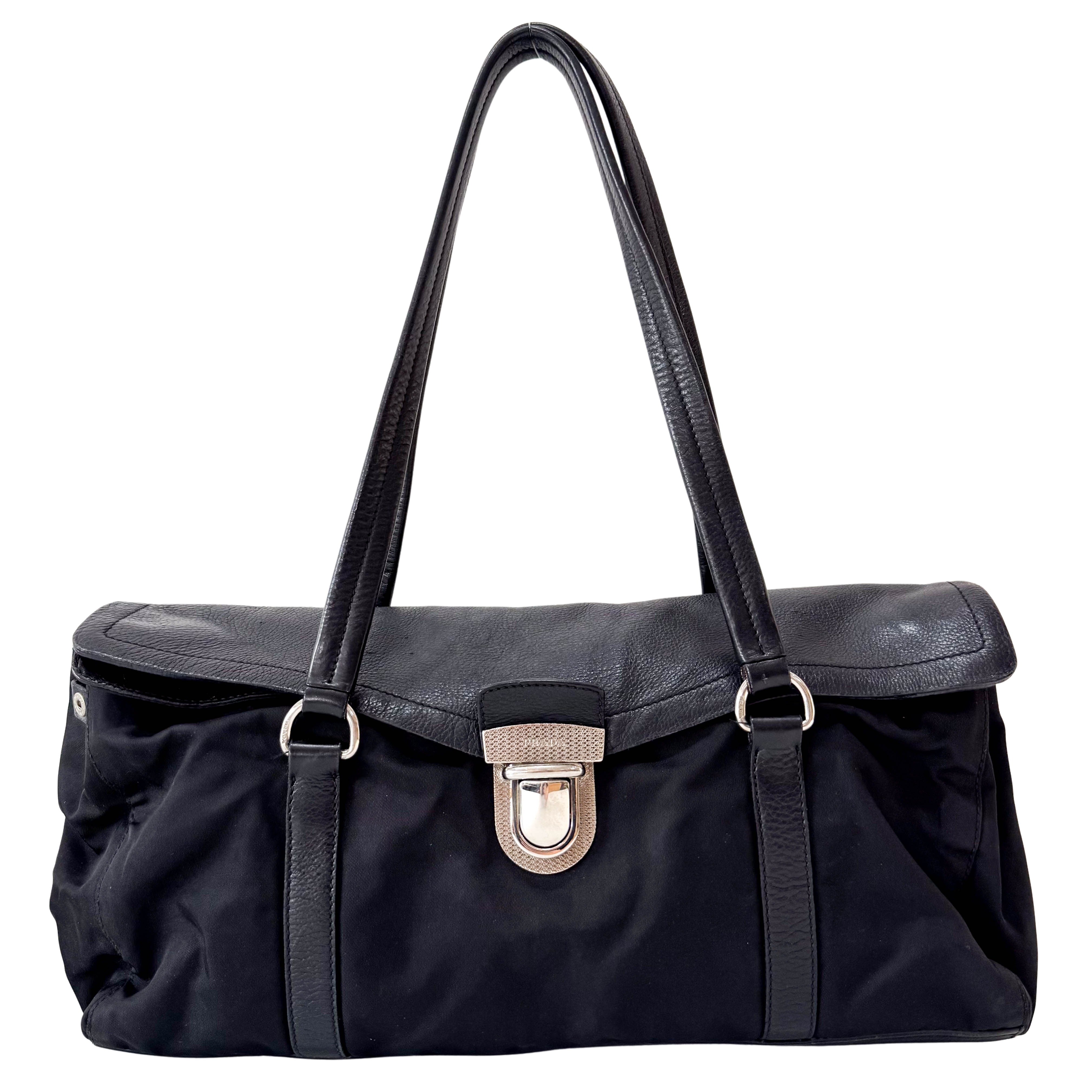 Black Nylon and Leather Shoulder Bag