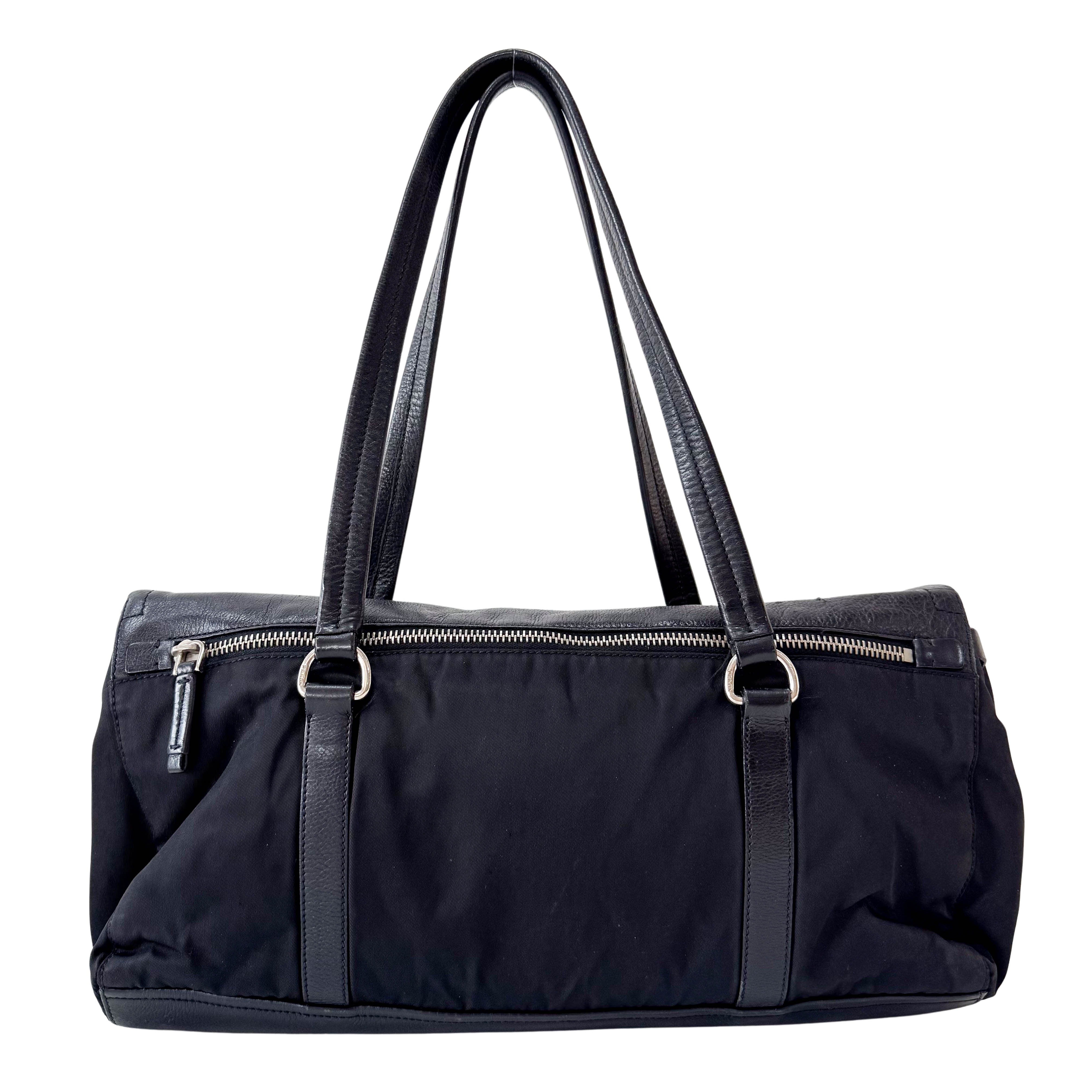 Black Nylon and Leather Shoulder Bag