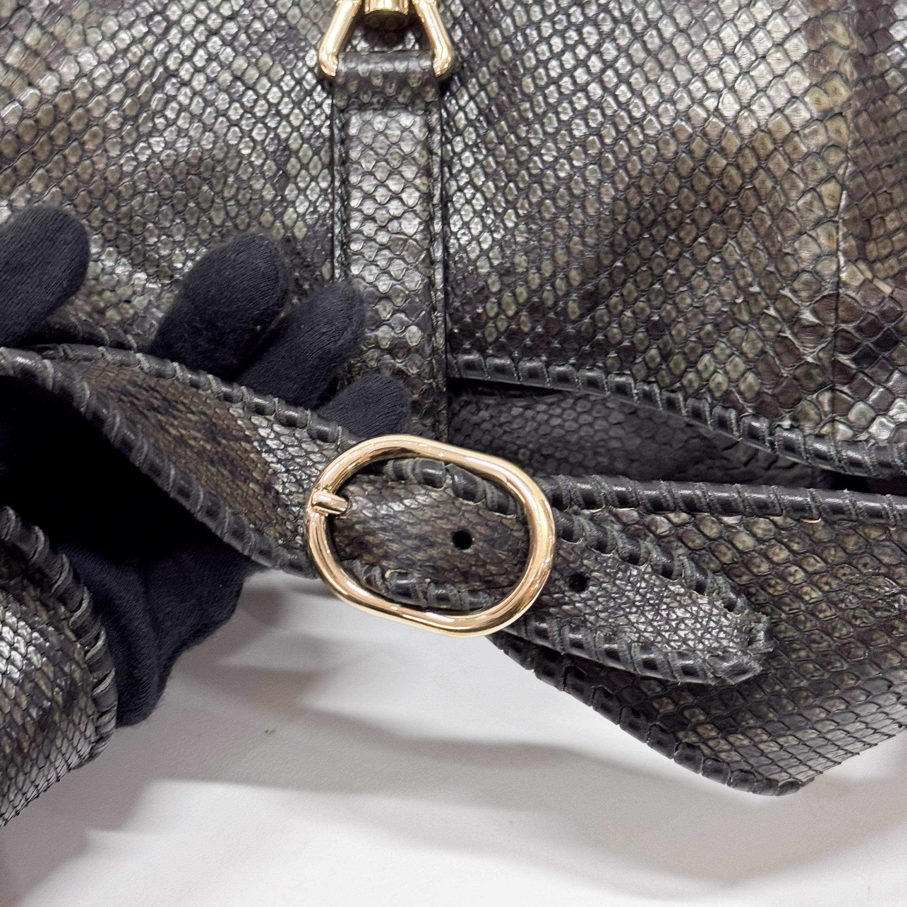 New Jackie Dark Green Python Embossed Leather  Two Way Tote Bag