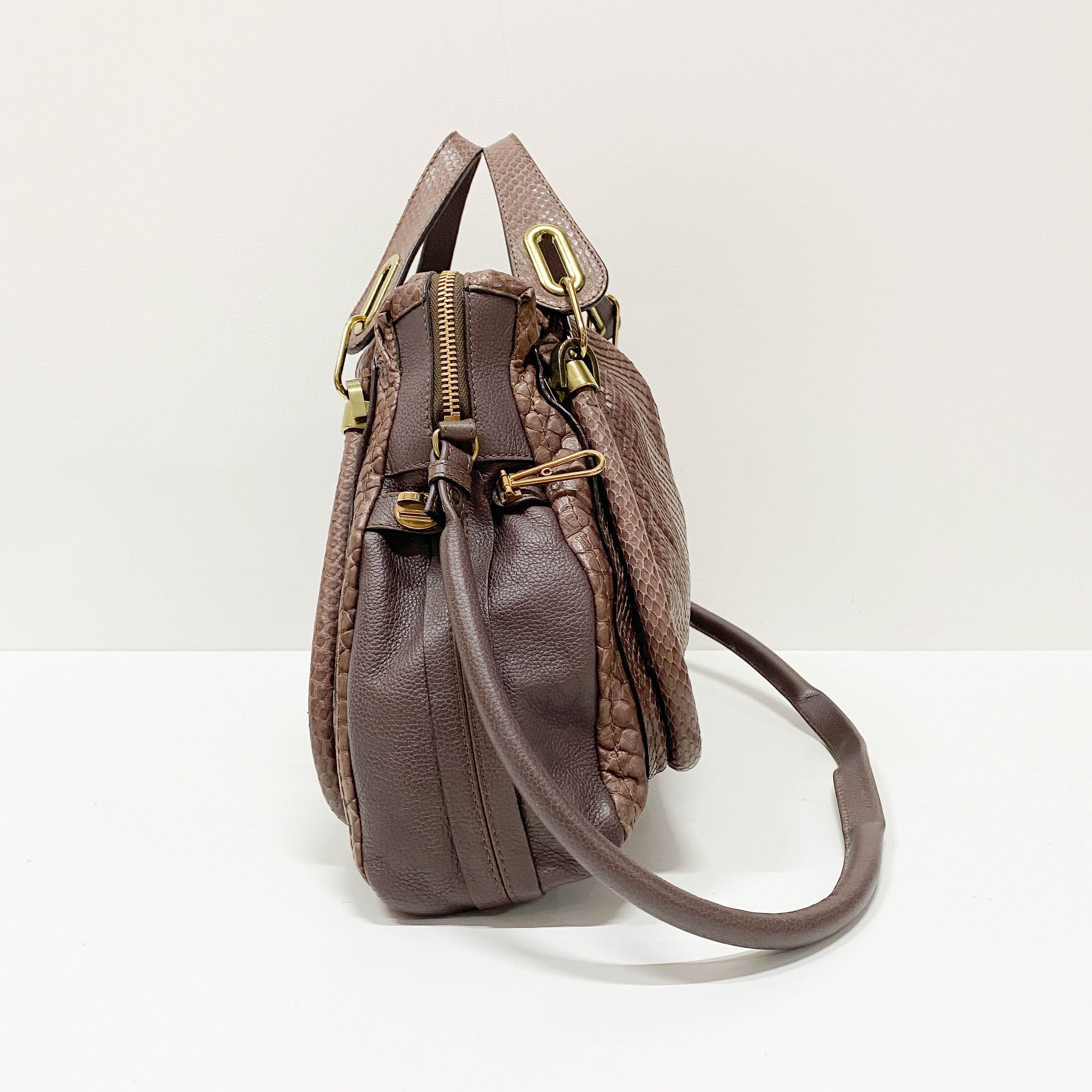 Paraty Brown Python Embossed Leather Two Way Bag