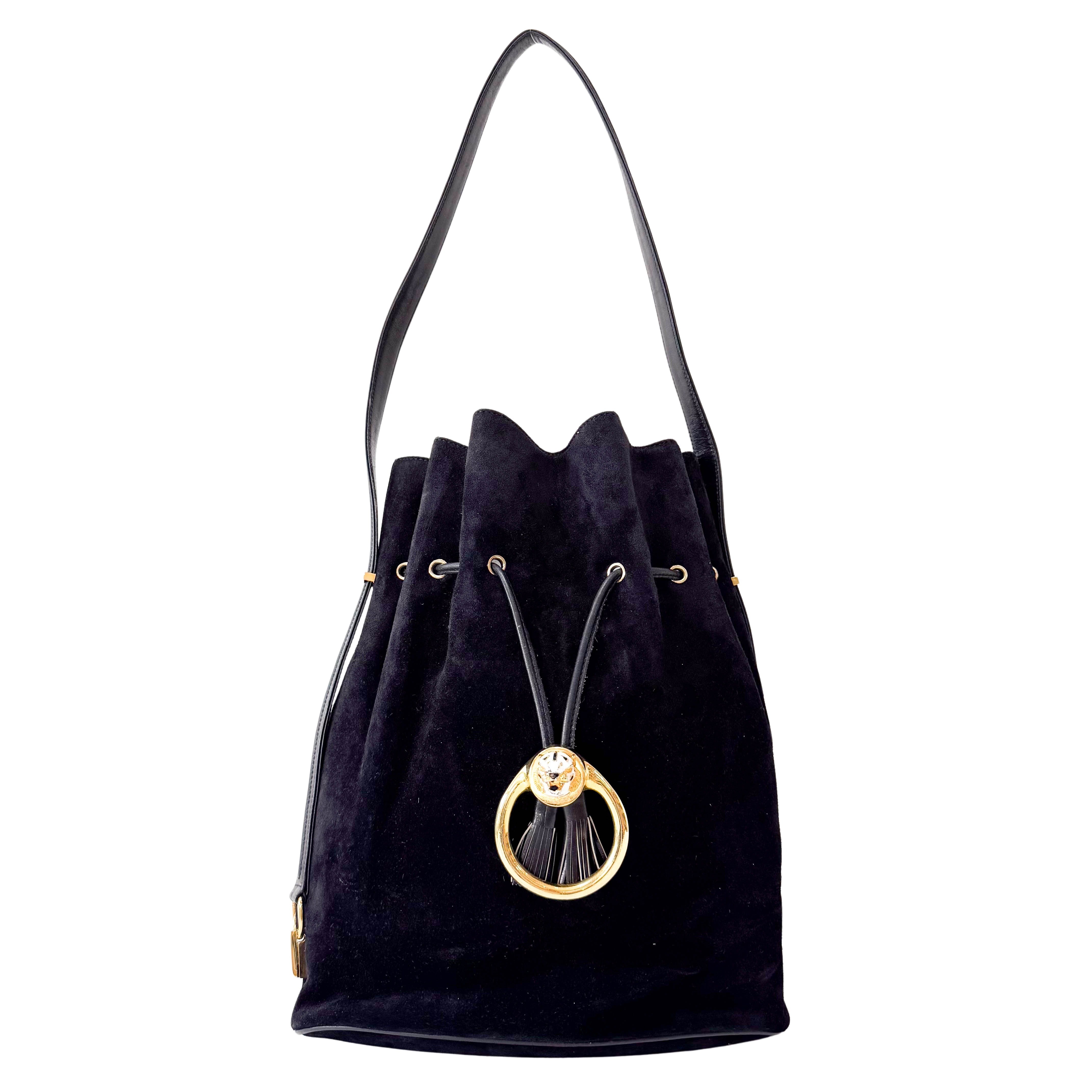 Gucci Tiger Head Black Suede Bucket Bag