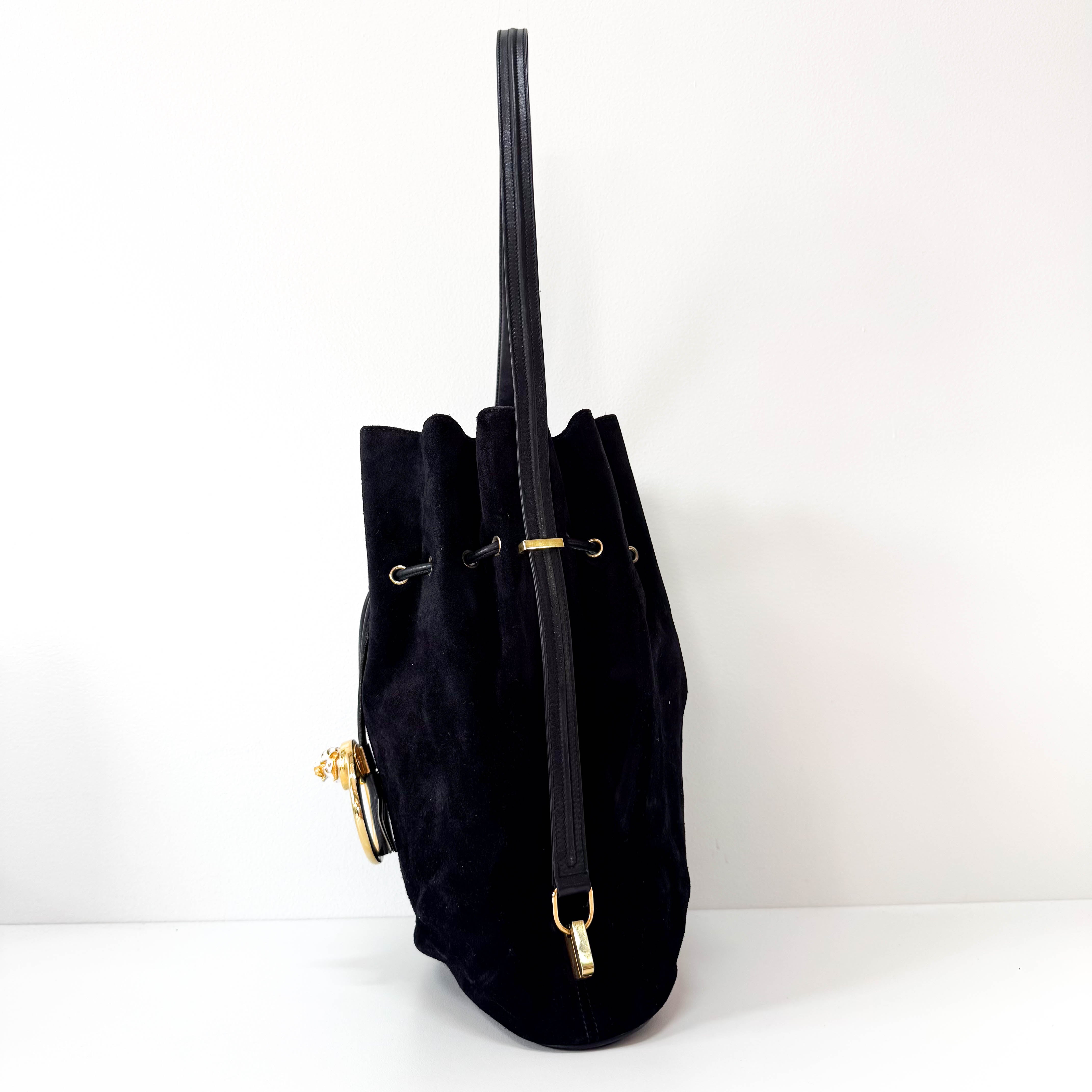 Gucci Tiger Head Black Suede Bucket Bag