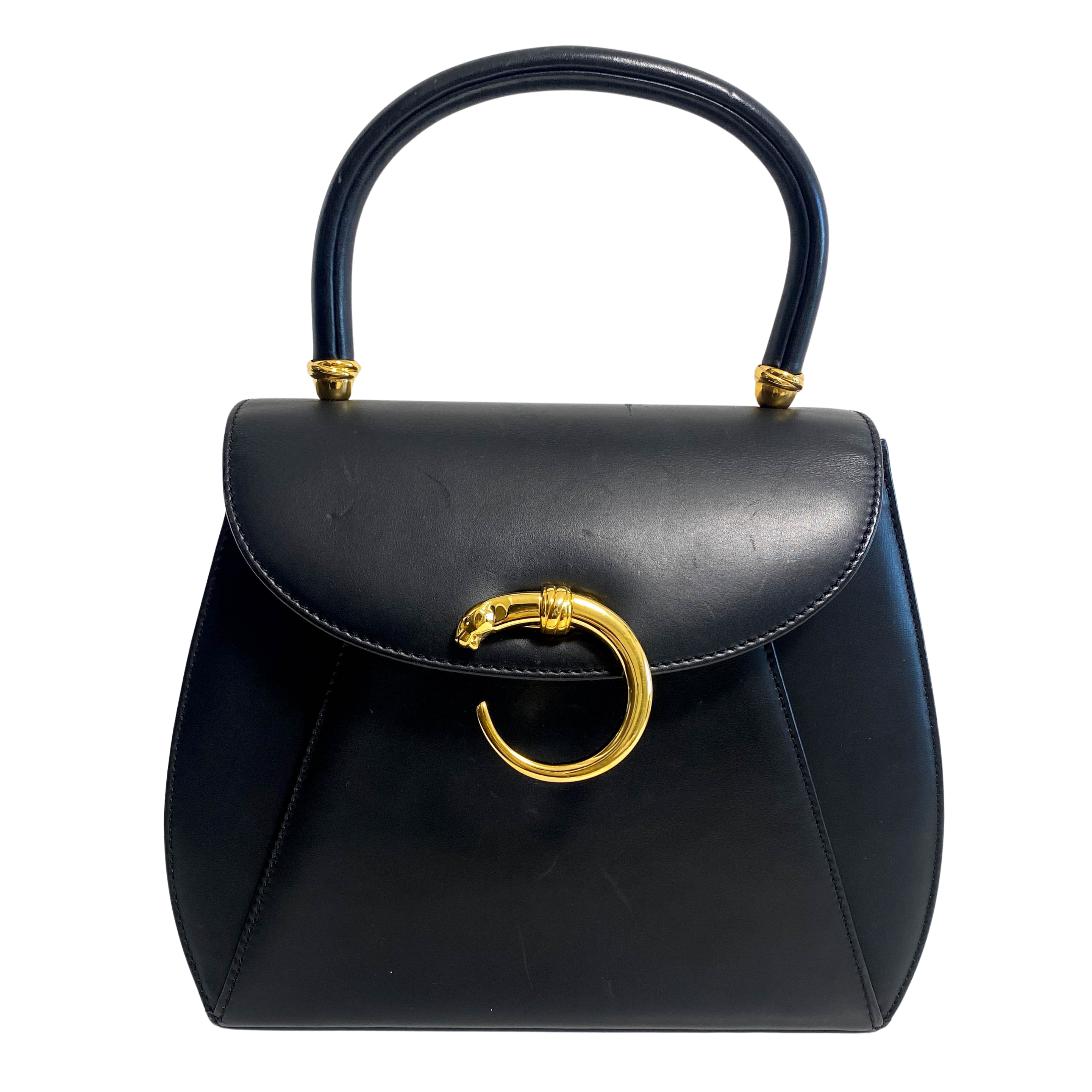 Panthère de Cartier Black Leather Top Handle Bag Gold Hardware