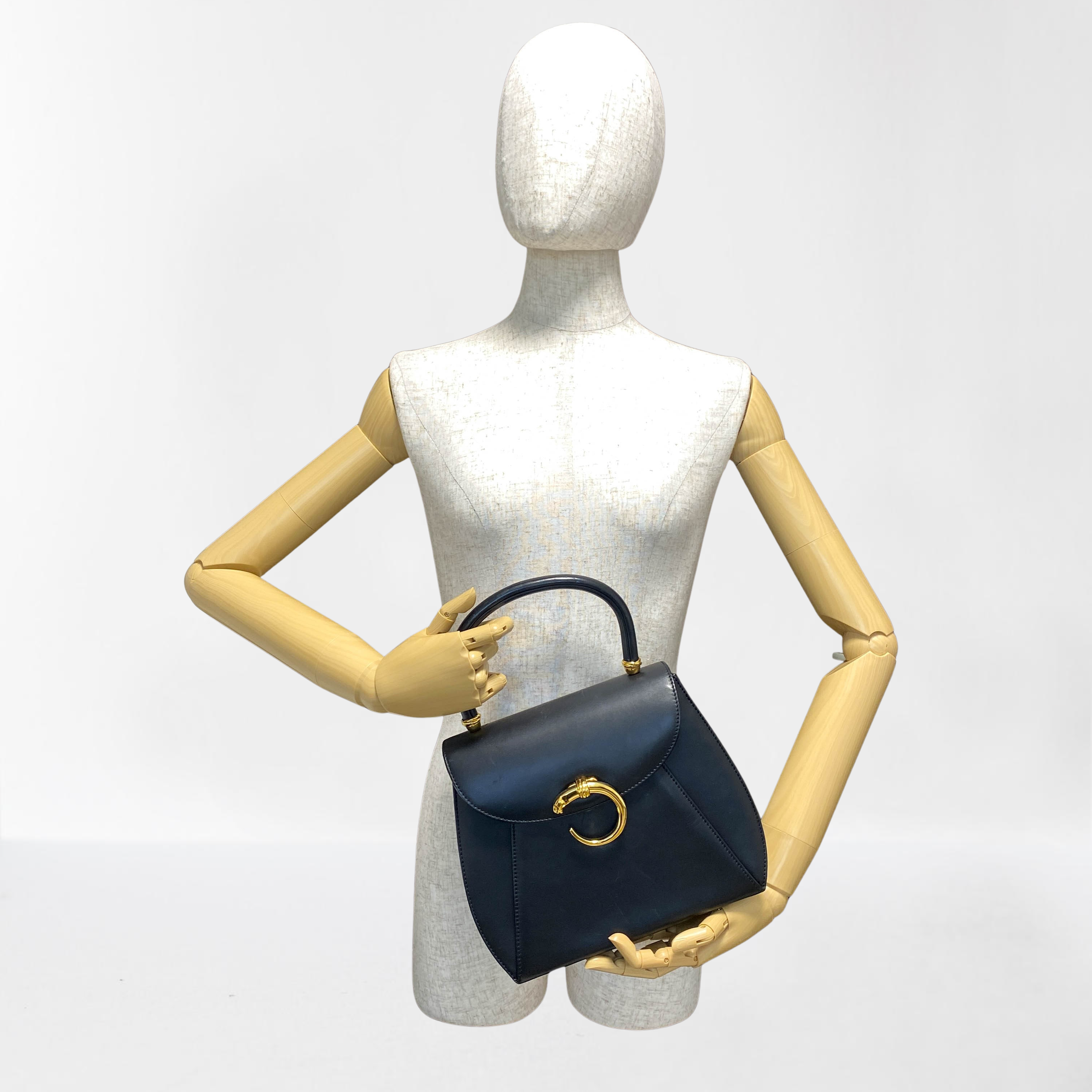 Panthère de Cartier Black Leather Top Handle Bag Gold Hardware