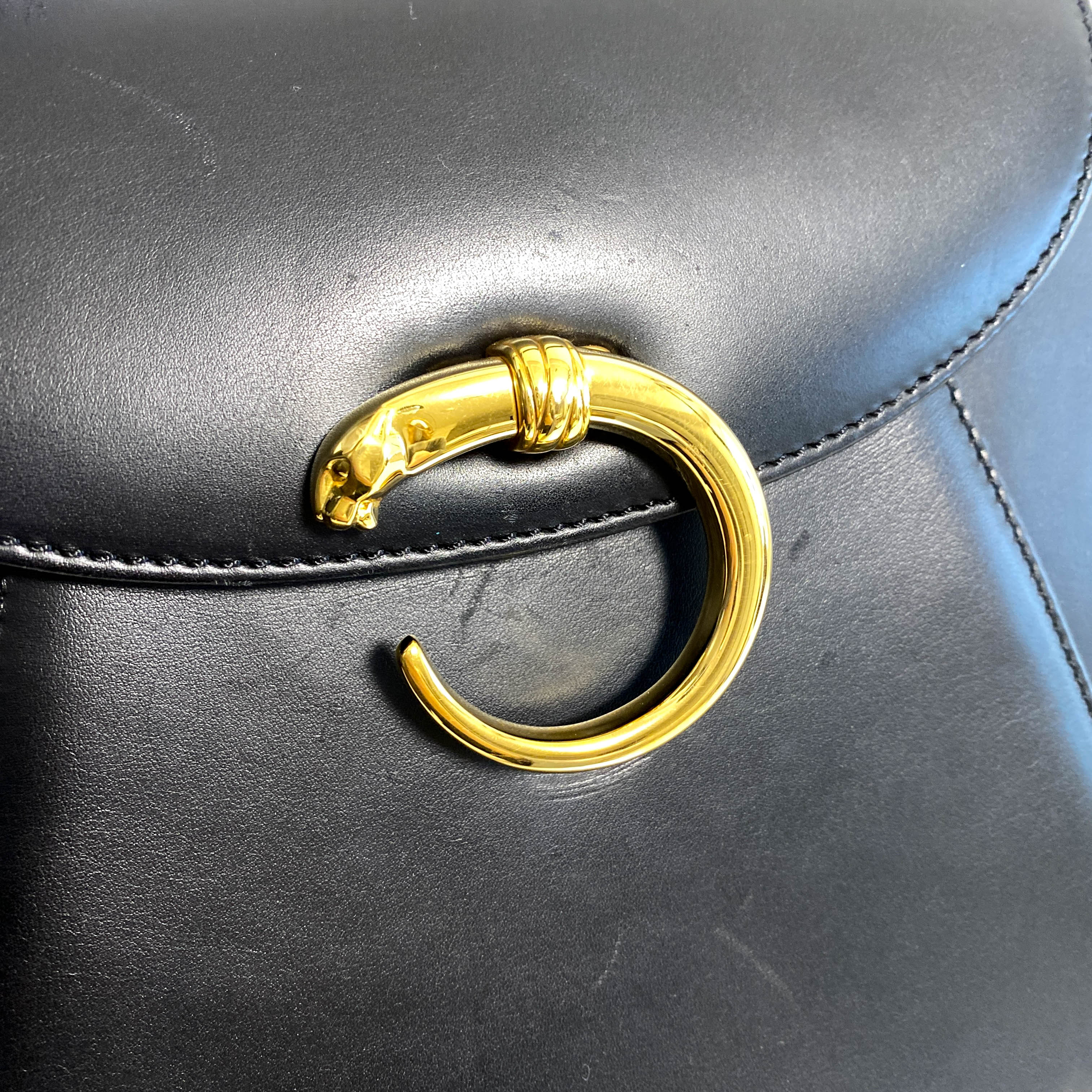 Panthère de Cartier Black Leather Top Handle Bag Gold Hardware