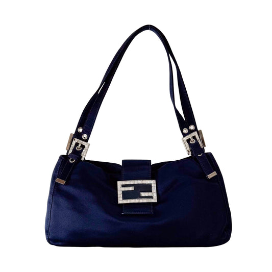 Navy Satin Rhinestone Shoulder Bag