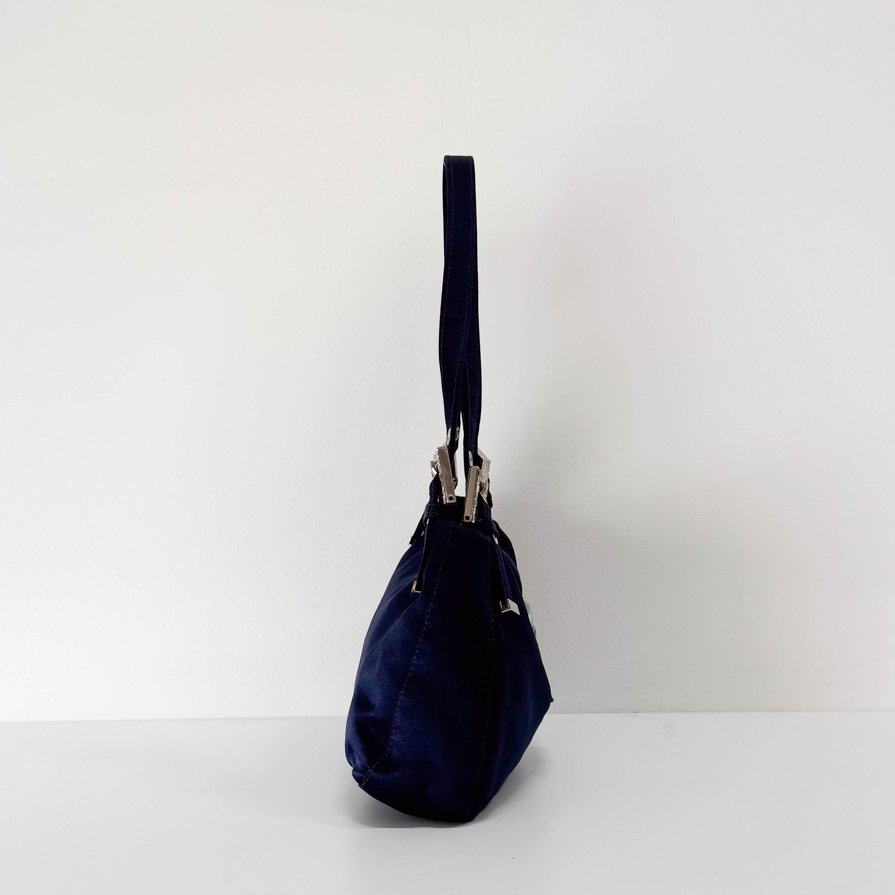 Navy Satin Rhinestone Shoulder Bag