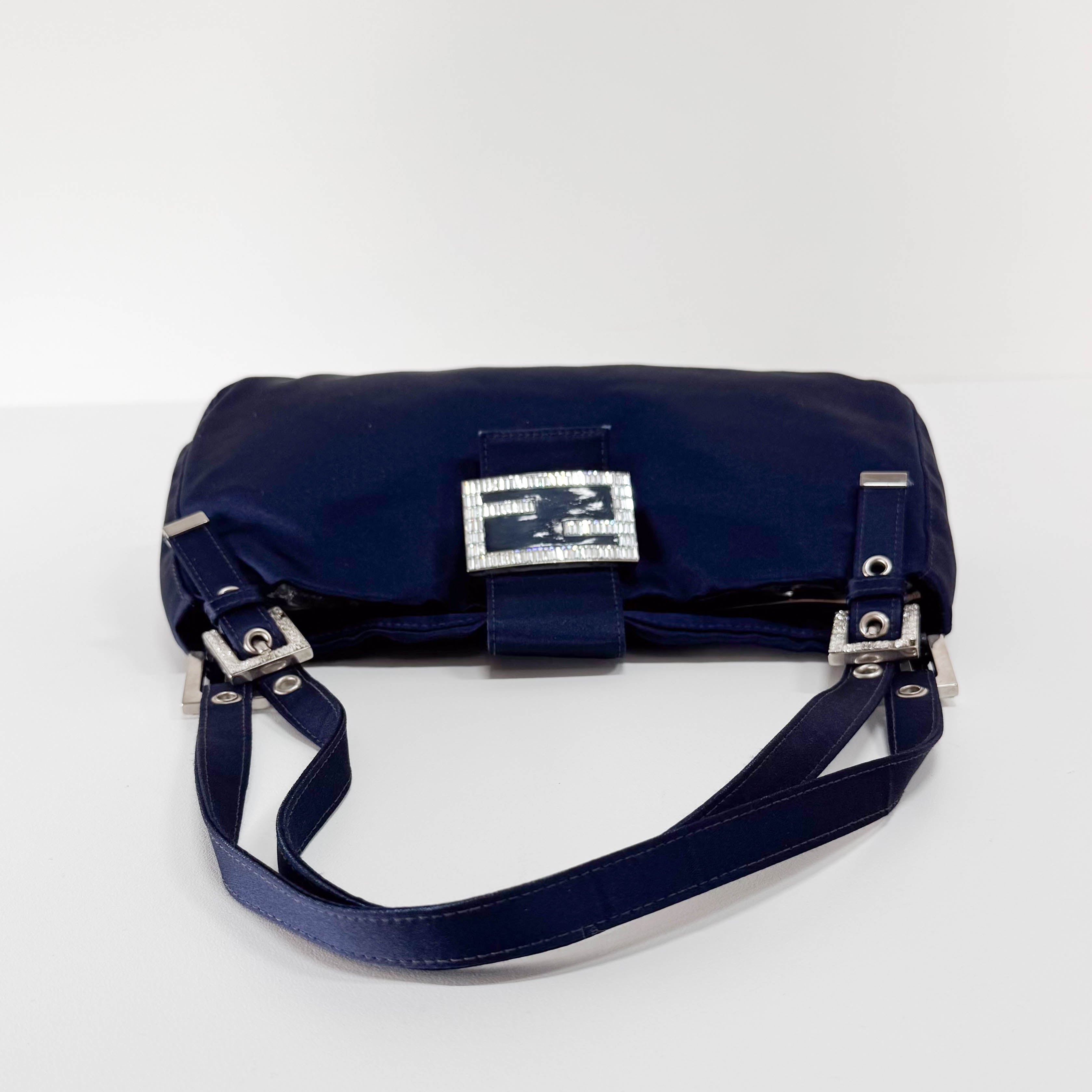 Navy Satin Rhinestone Shoulder Bag