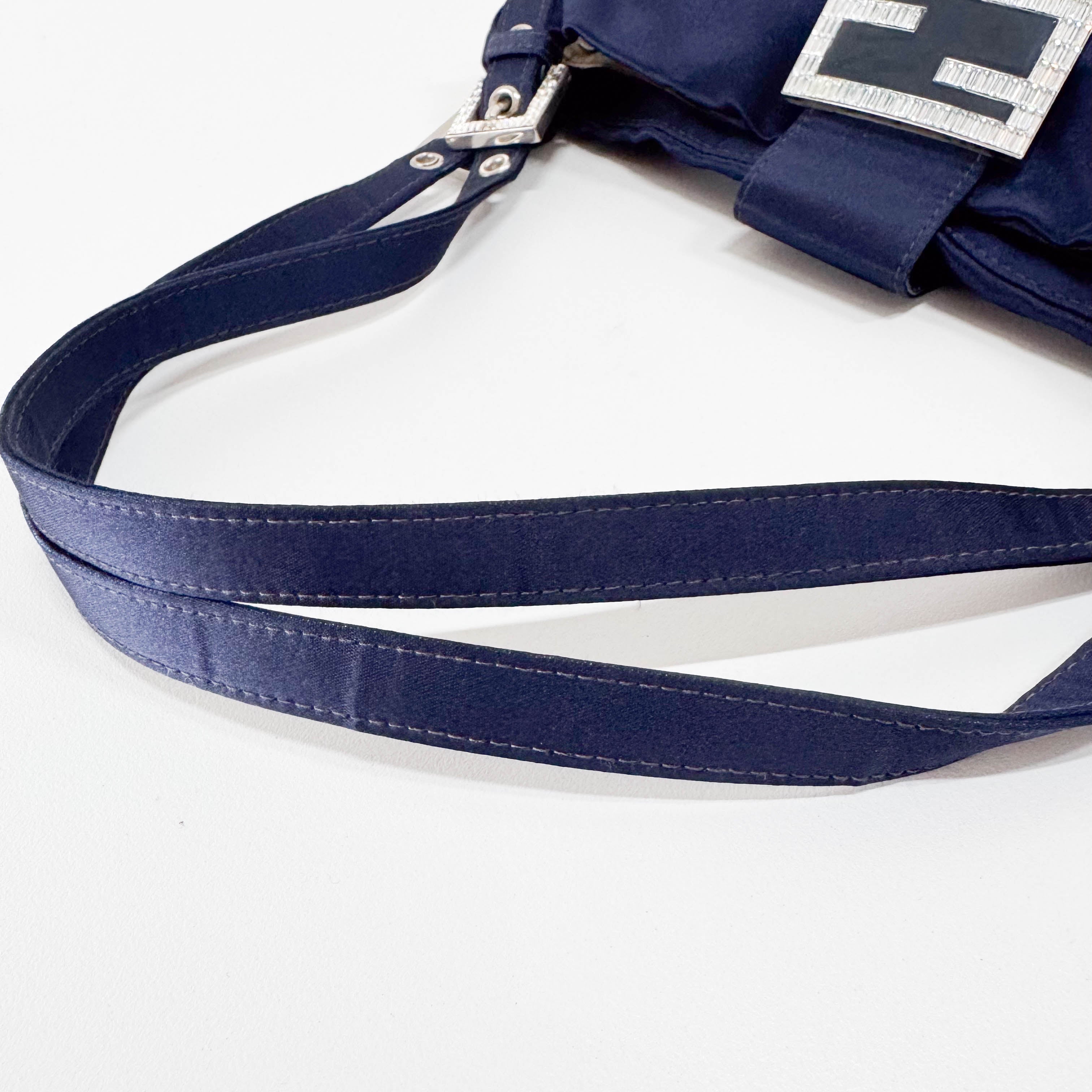 Navy Satin Rhinestone Shoulder Bag