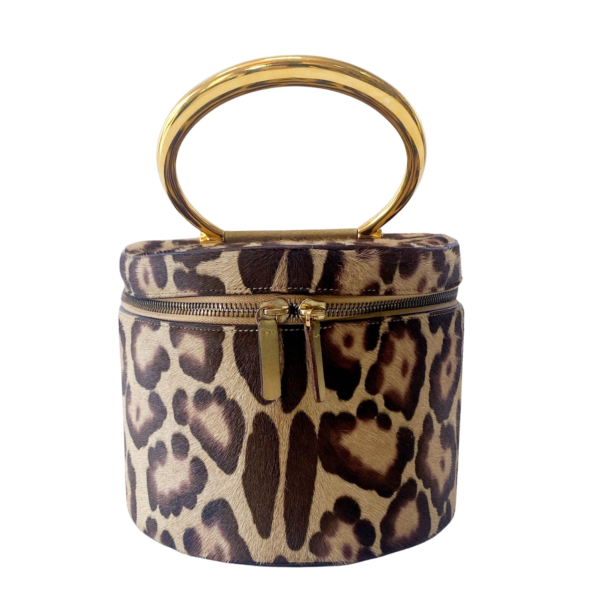 Leopard Print Pony Hair Gold Handle Vanity Bag