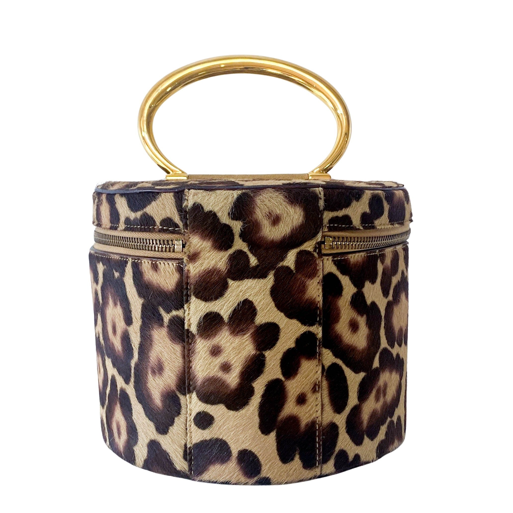 Leopard Print Pony Hair Gold Handle Vanity Bag
