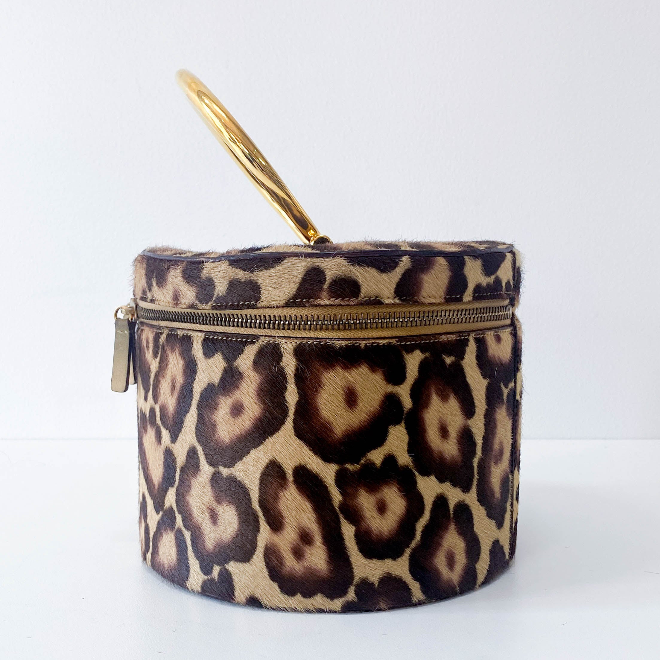 Leopard Print Pony Hair Gold Handle Vanity Bag