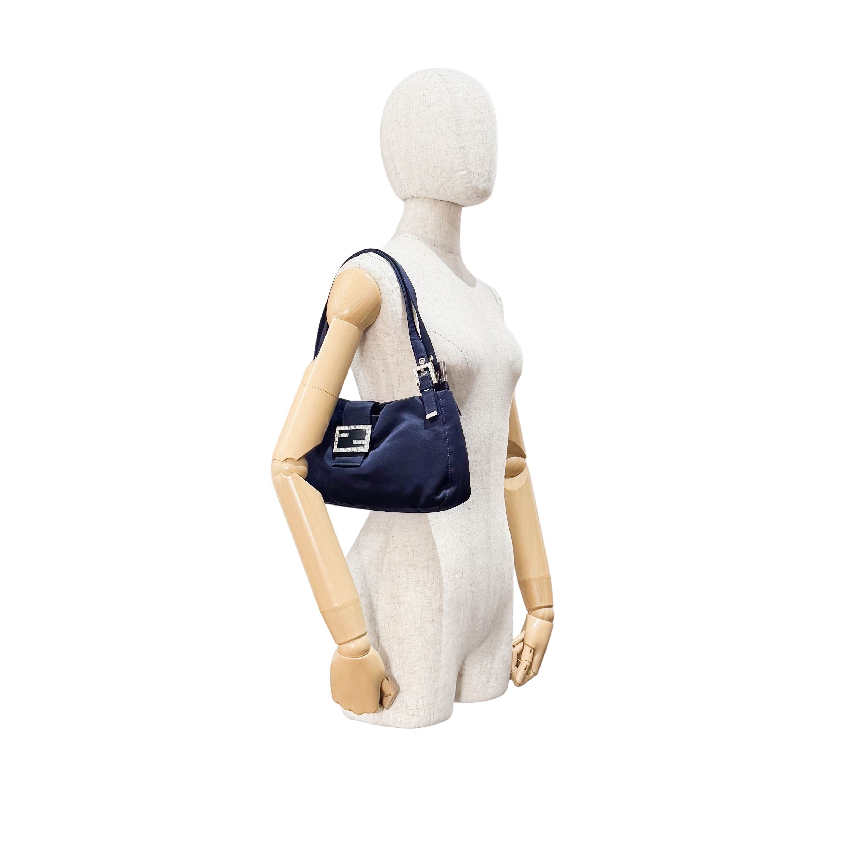 Navy Satin Rhinestone Shoulder Bag