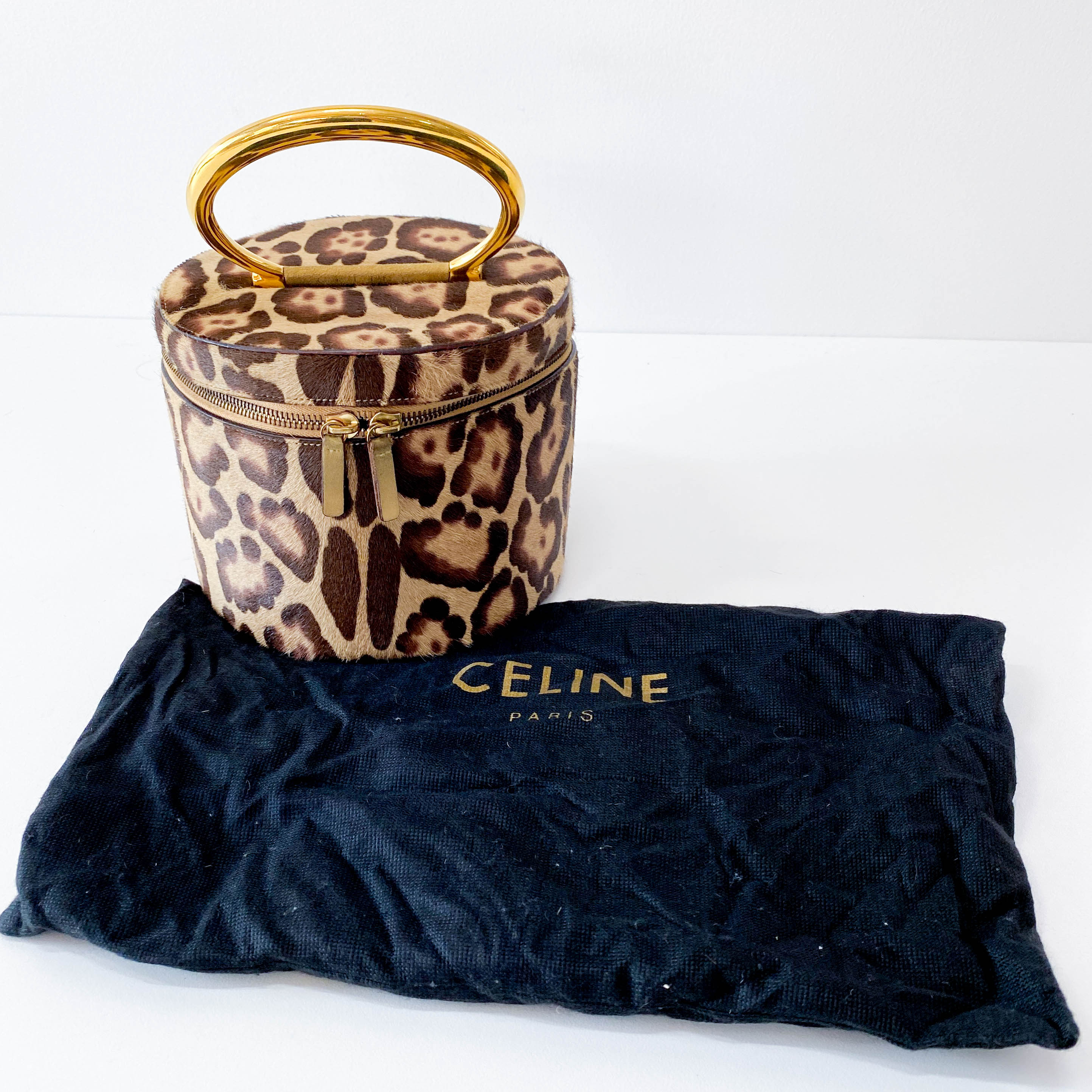 Leopard Print Pony Hair Gold Handle Vanity Bag