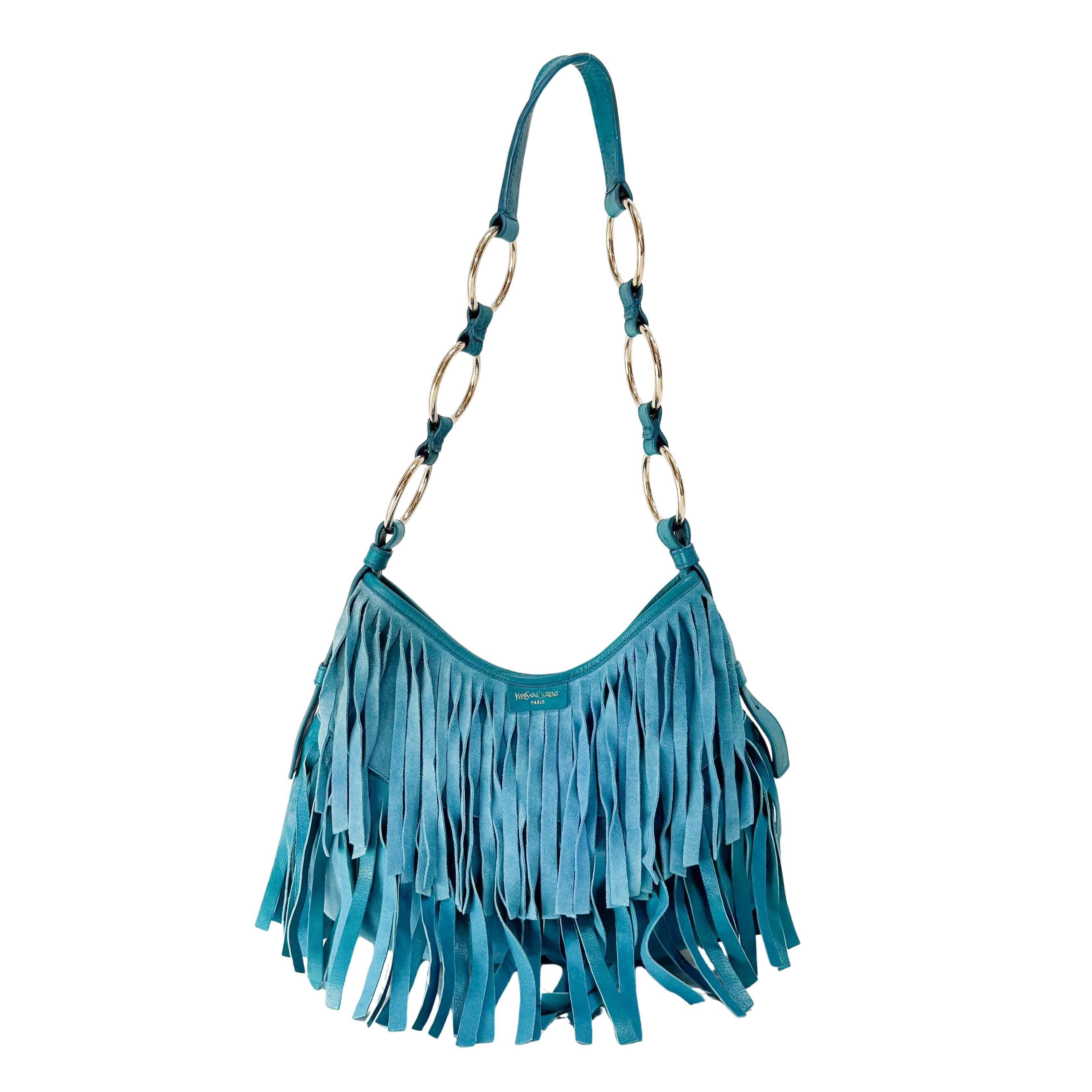 Rive Gauche Blue Fringe Leather Shoulder Bag