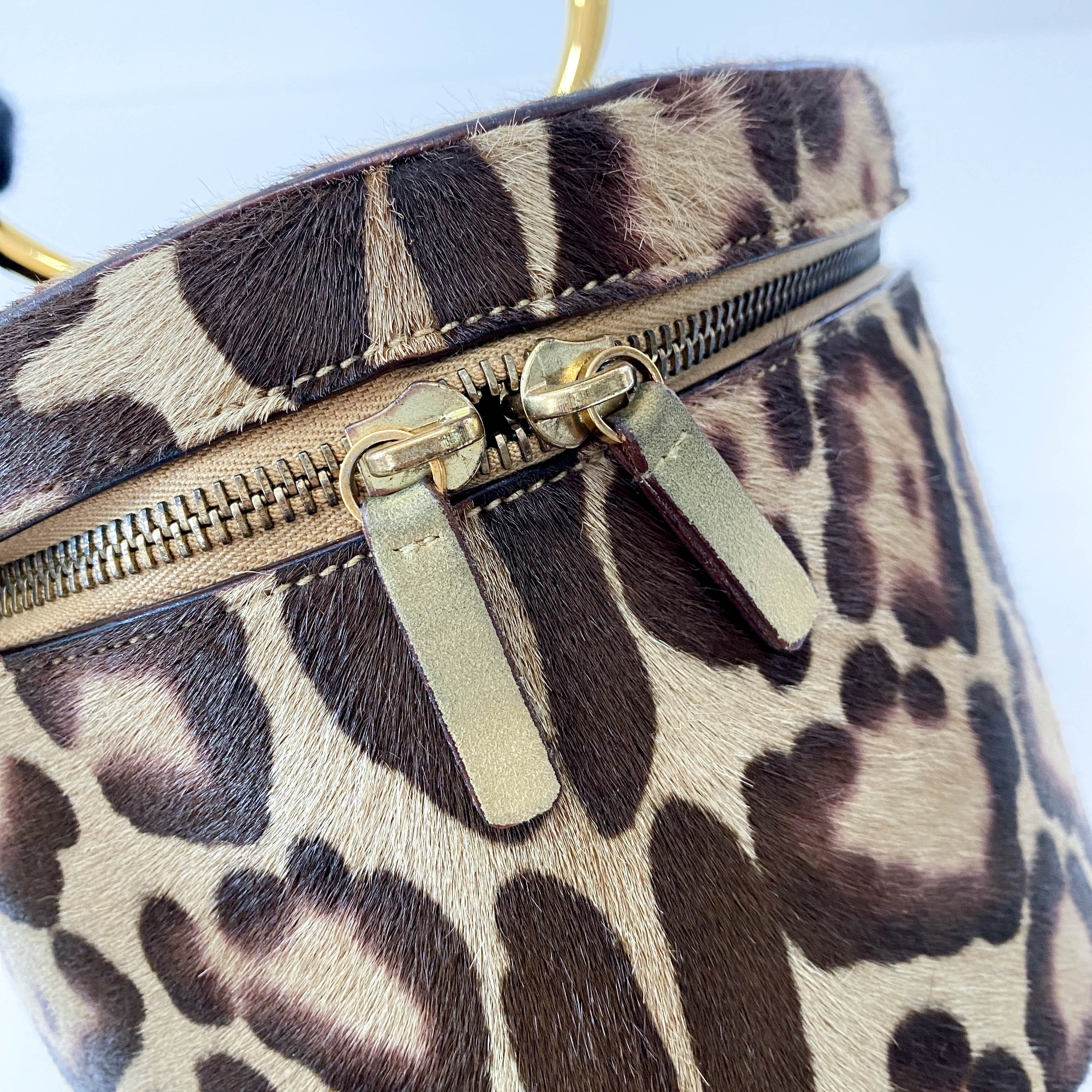 Leopard Print Pony Hair Gold Handle Vanity Bag