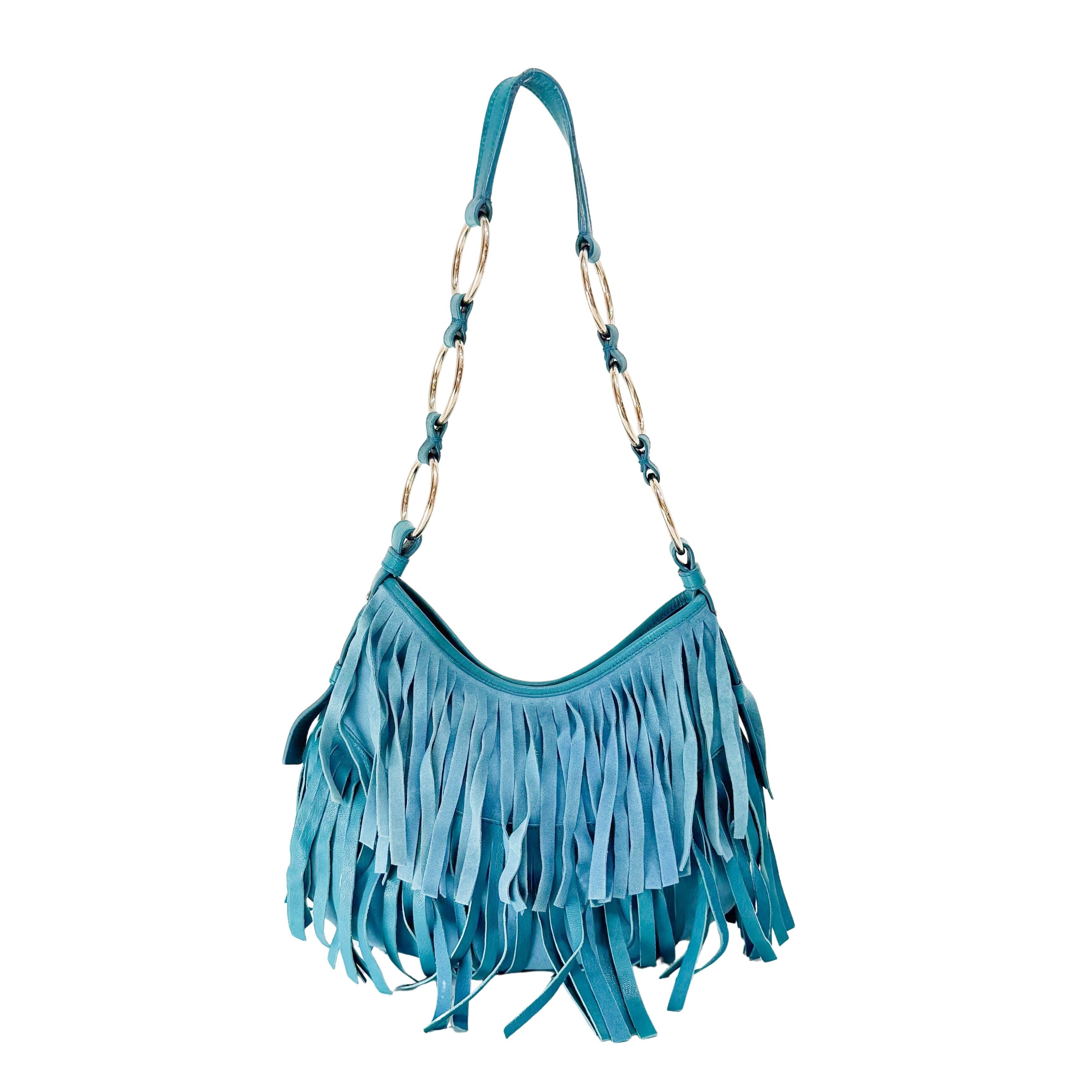 Rive Gauche Blue Fringe Leather Shoulder Bag