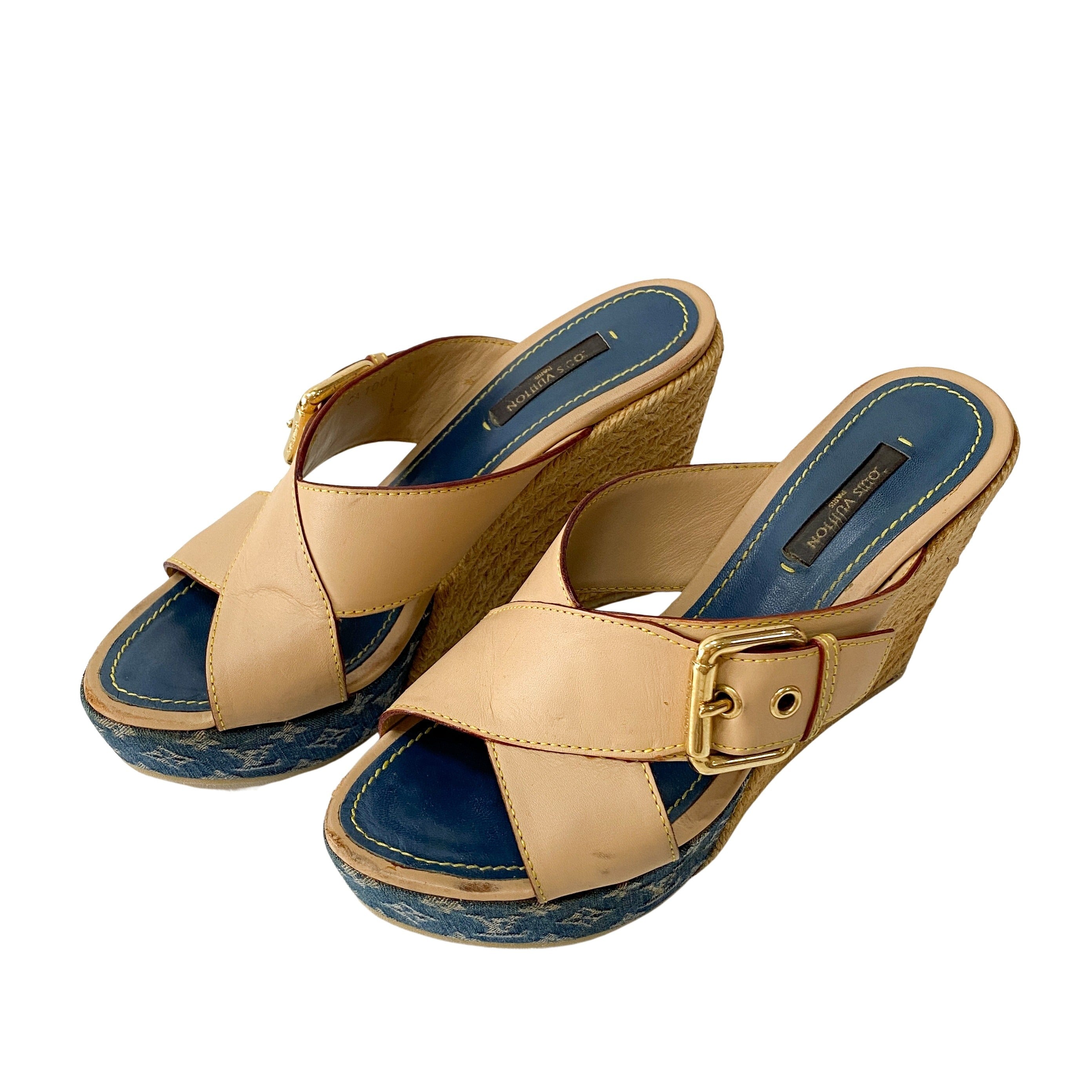Monogram Denim Wedge Sandals