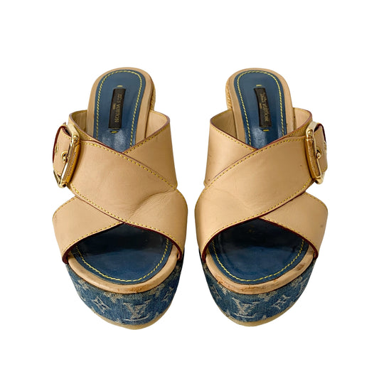 Monogram Denim Wedge Sandals