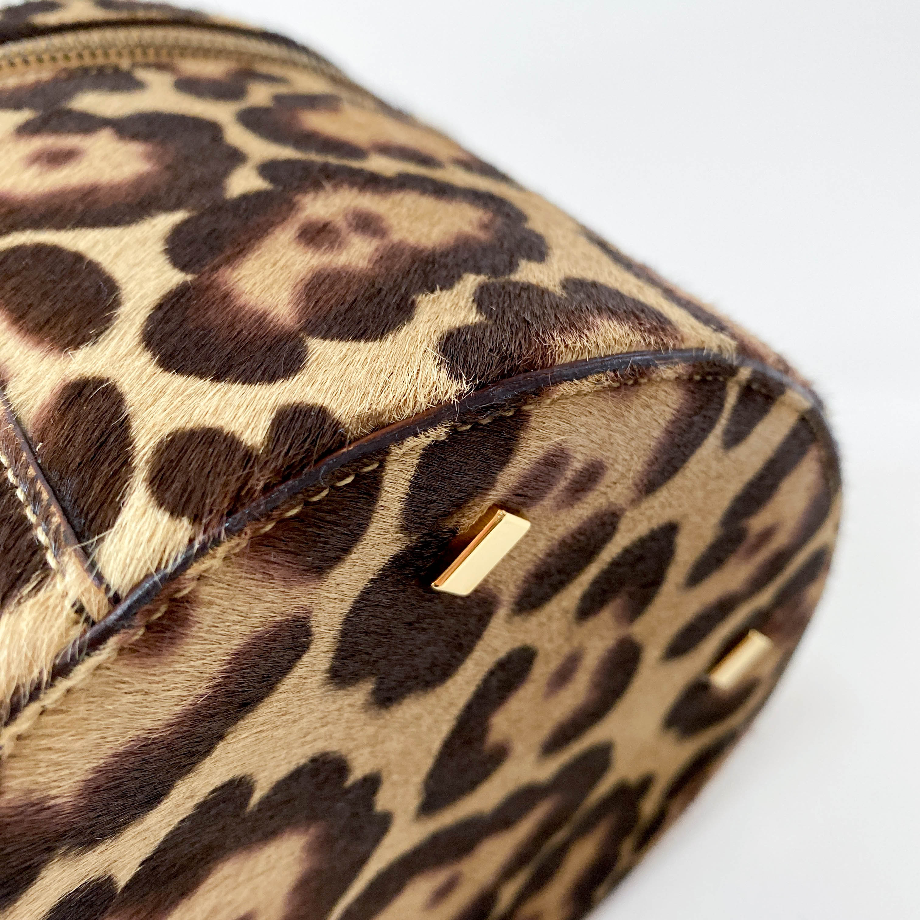 Leopard Print Pony Hair Gold Handle Vanity Bag
