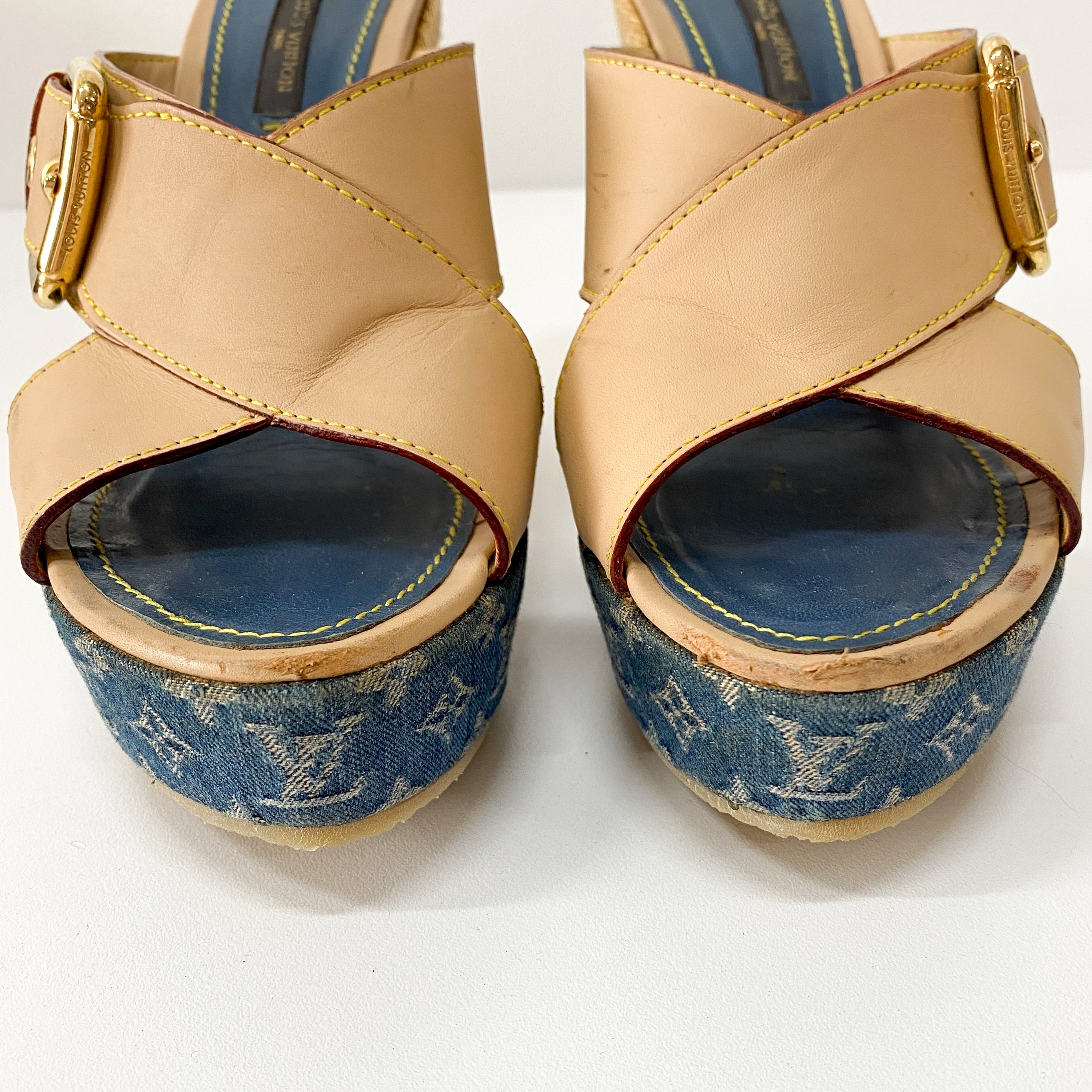 Monogram Denim Wedge Sandals