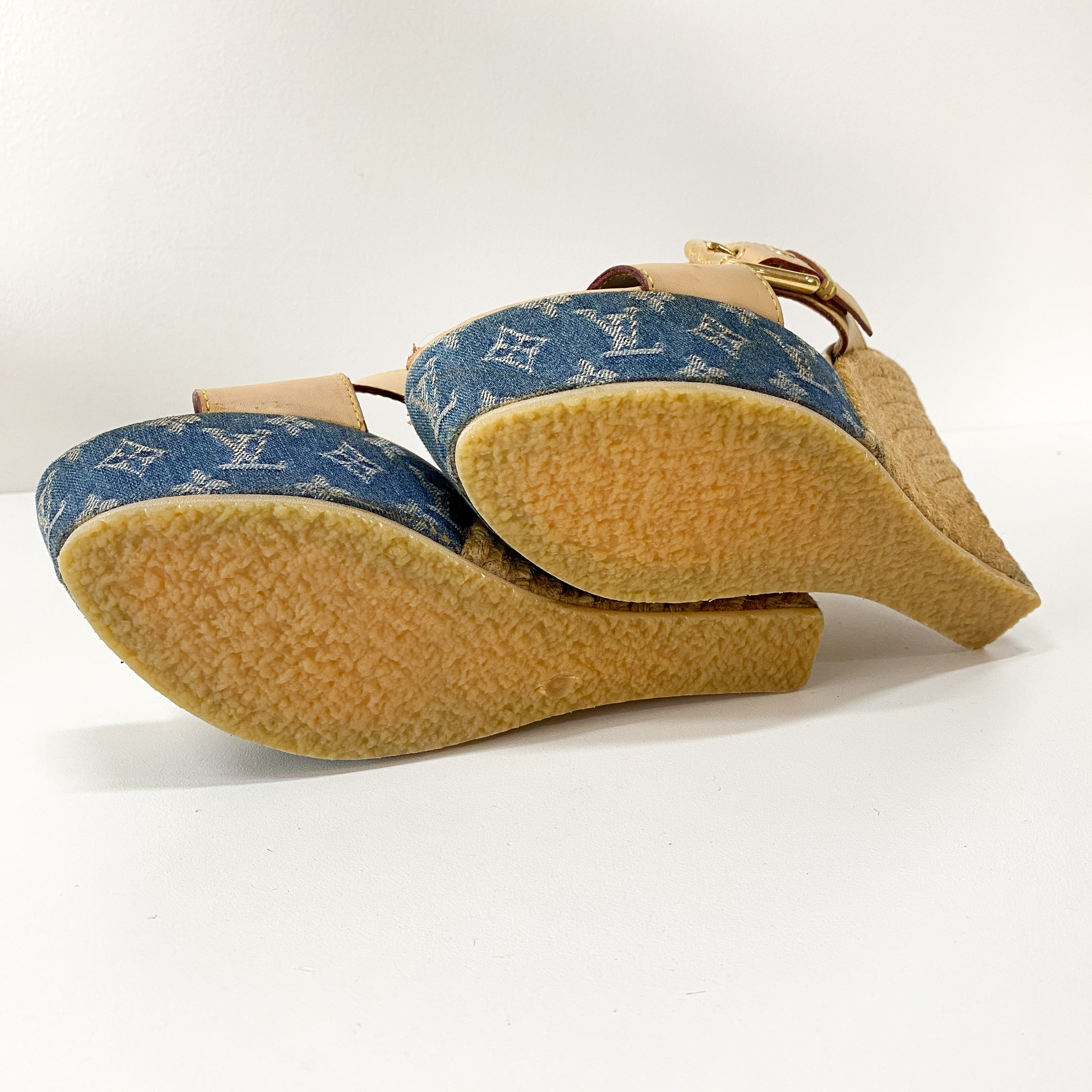 Monogram Denim Wedge Sandals