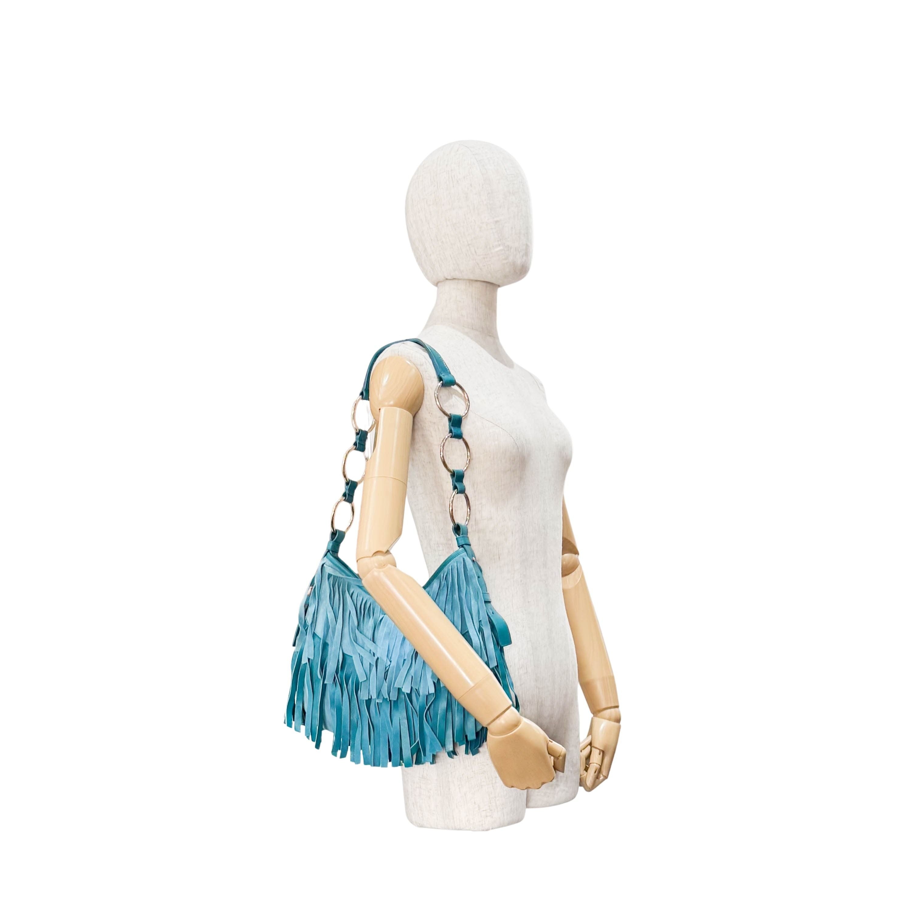 Rive Gauche Blue Fringe Leather Shoulder Bag