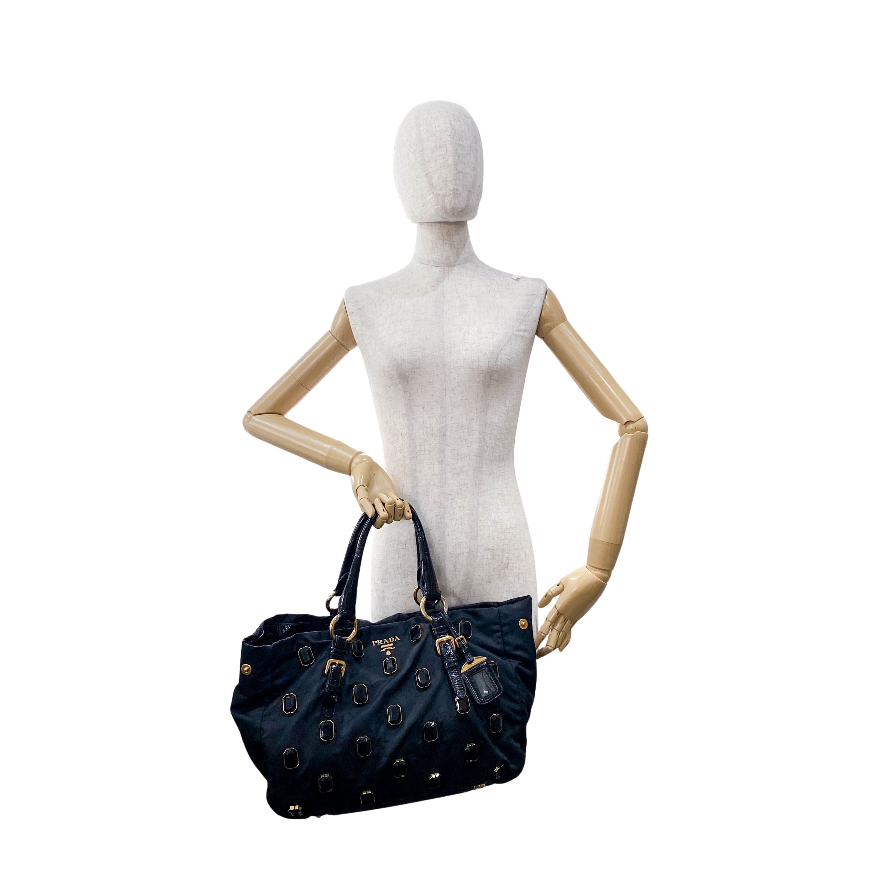 Black Tessuto Nylon Pietre Jeweled Tote Bag