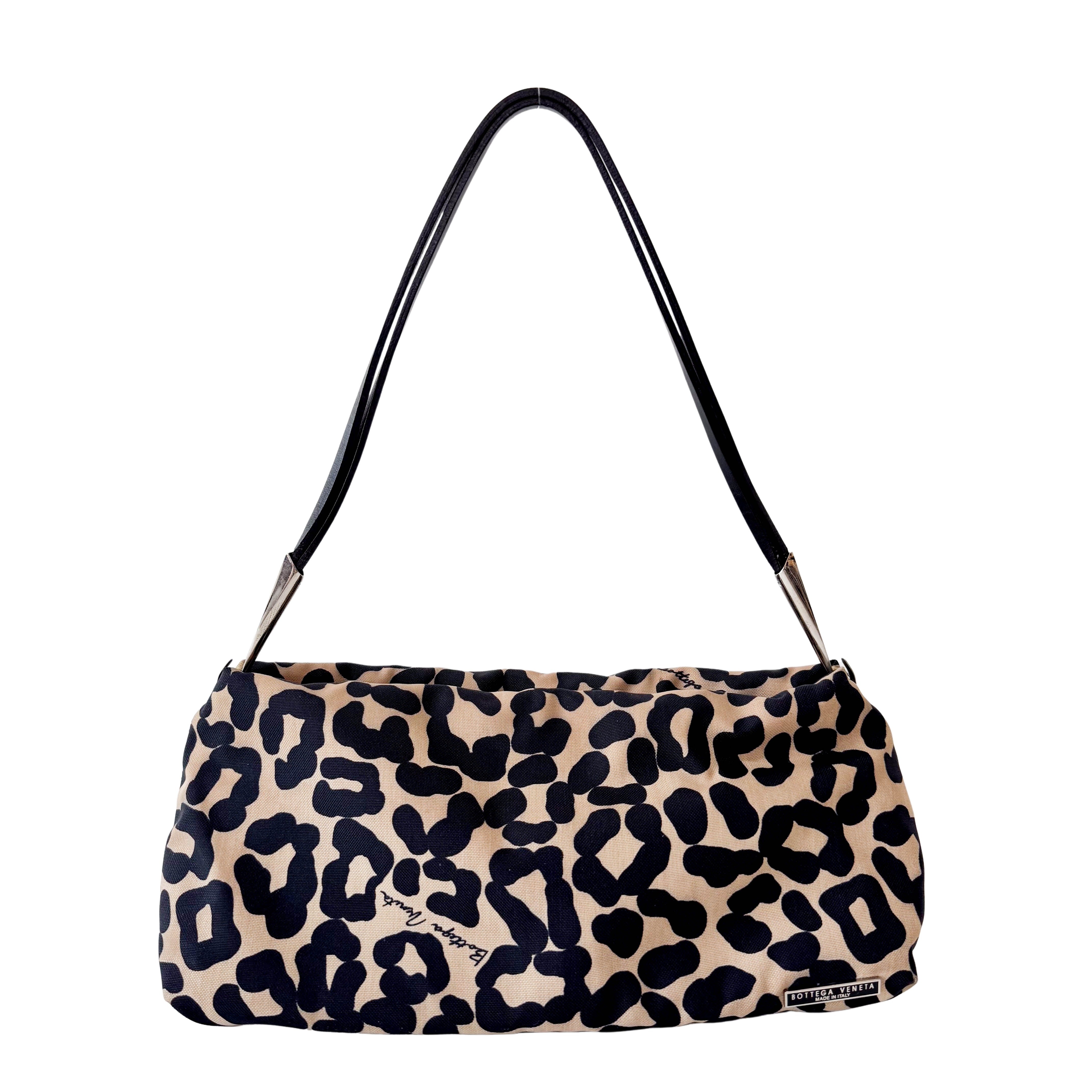 Beige Leopard Print Coated Canvas Shoulder Bag