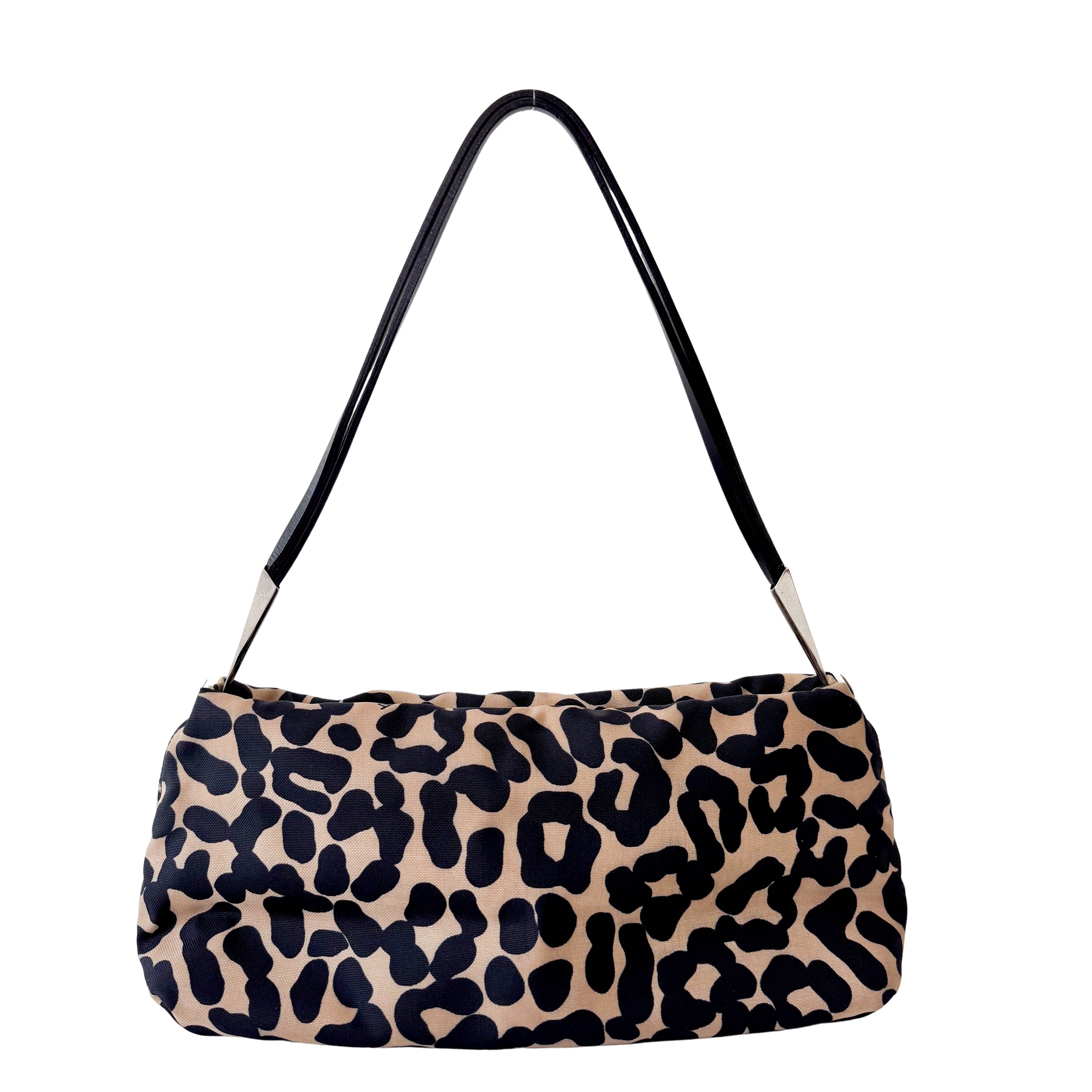 Beige Leopard Print Coated Canvas Shoulder Bag