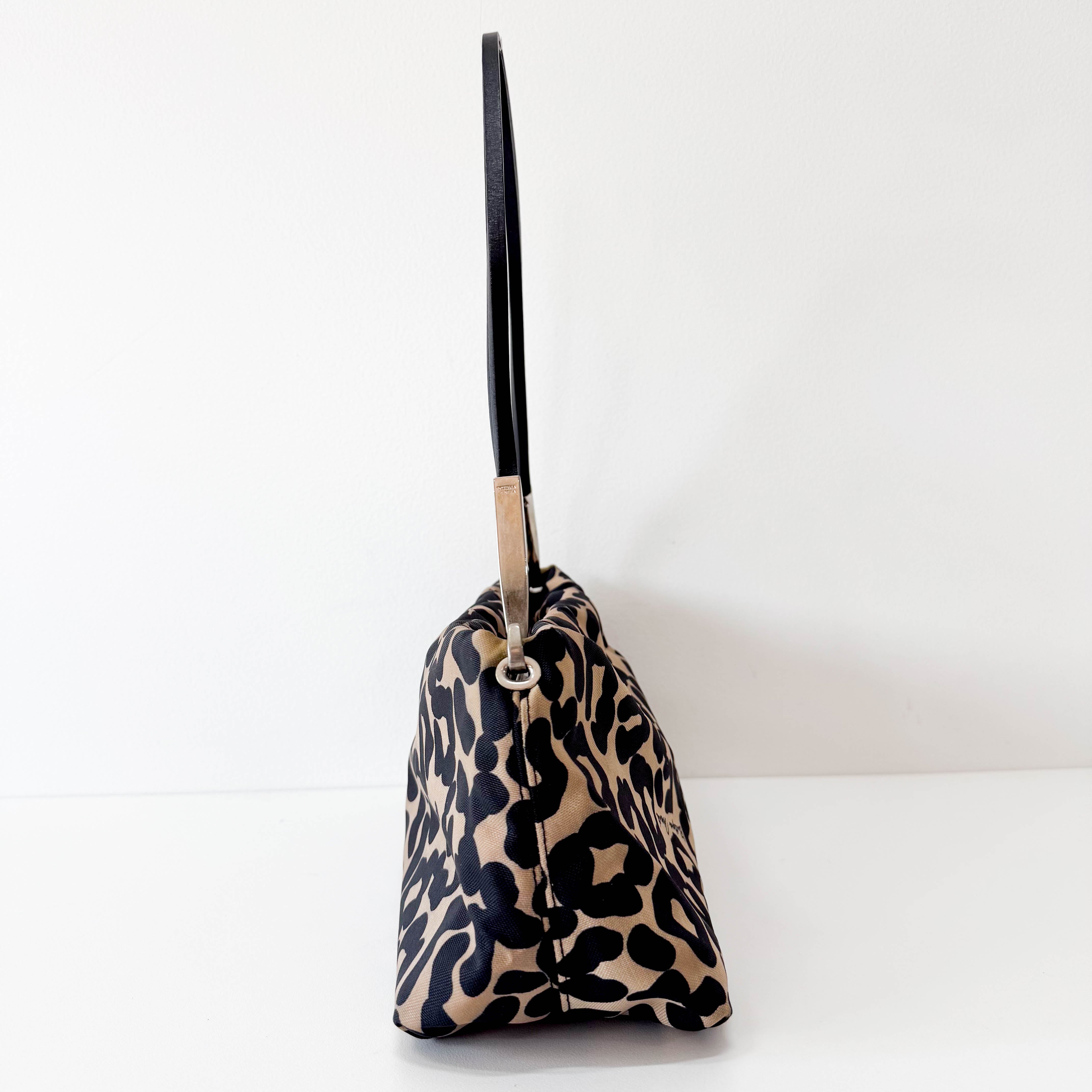 Beige Leopard Print Coated Canvas Shoulder Bag