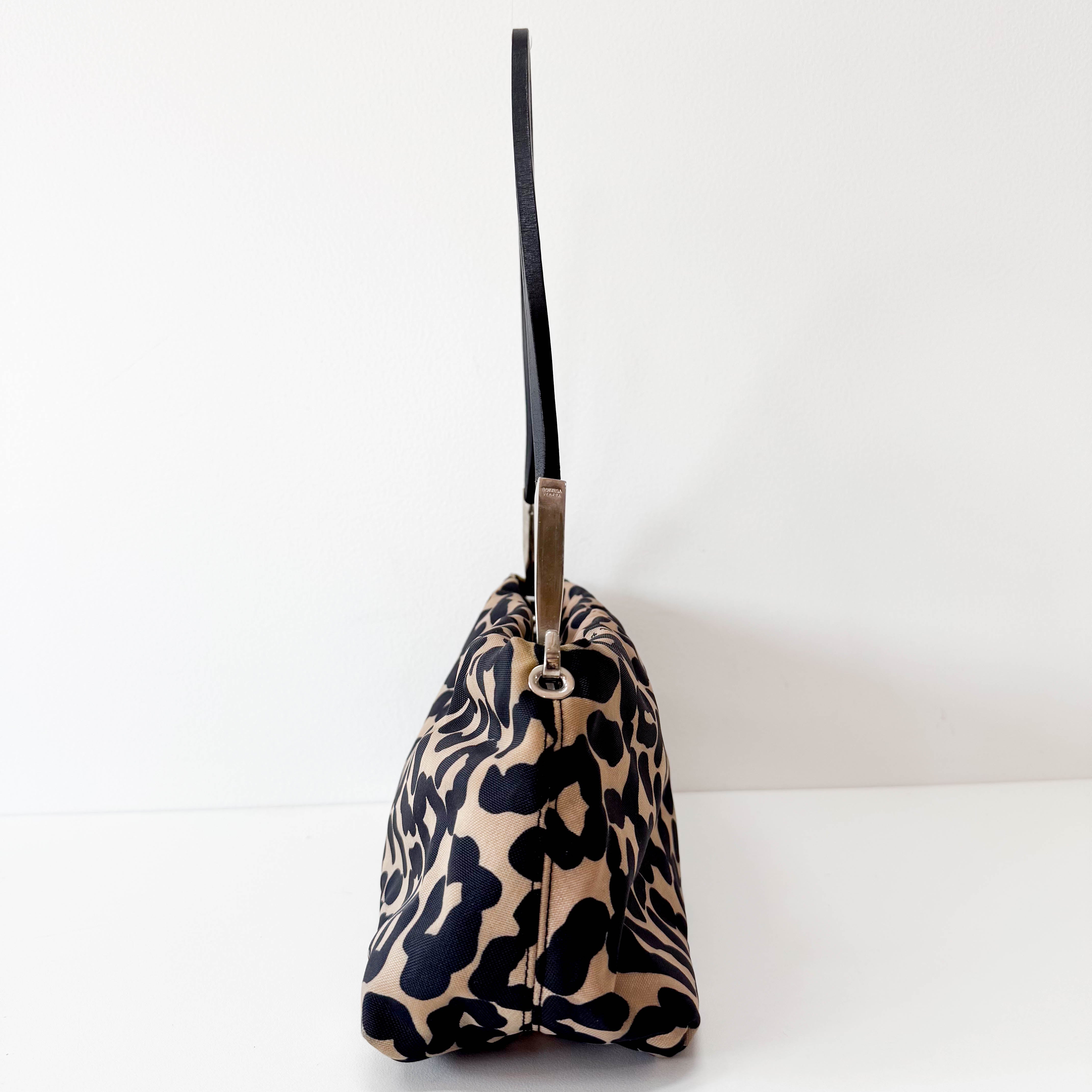 Beige Leopard Print Coated Canvas Shoulder Bag